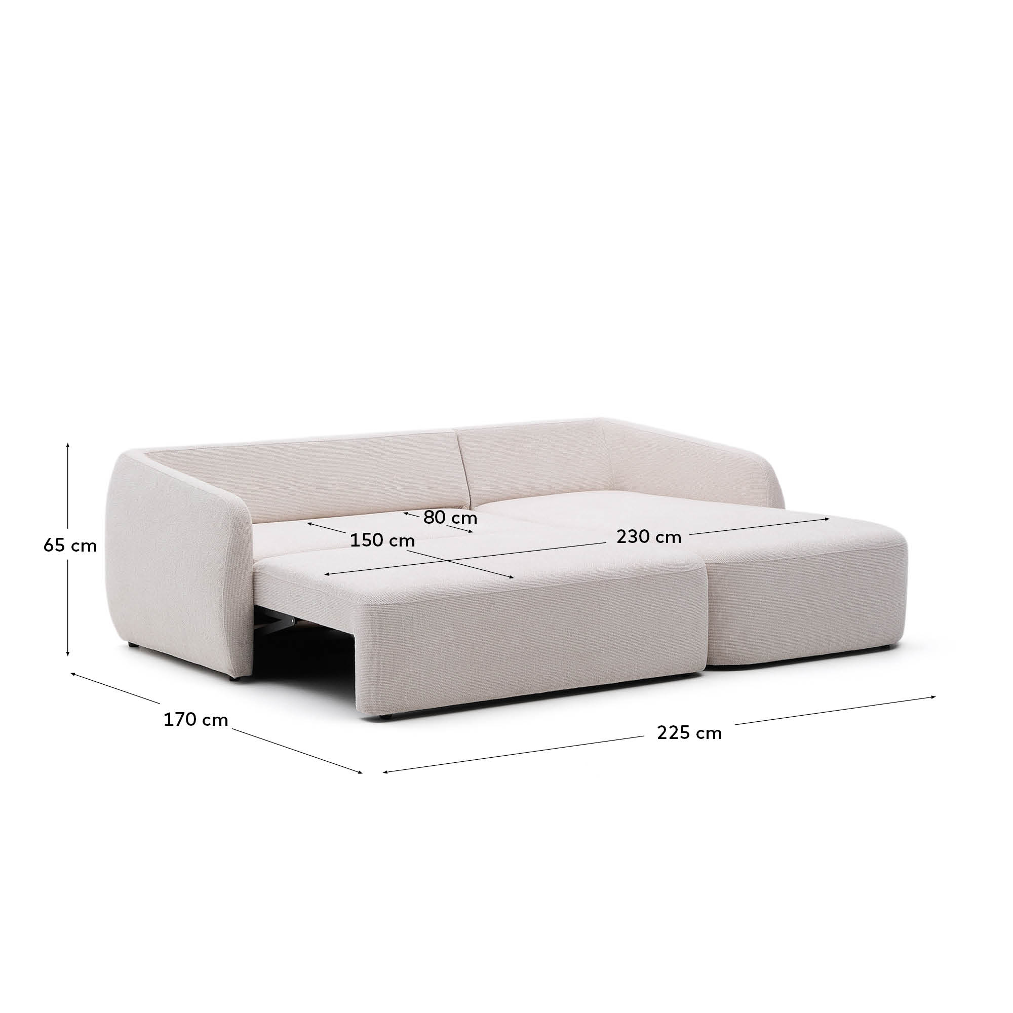 Elegantes 3-Sitzer-Bettsofa Laira in edlem ecrufarbenem Chenille, ausgestattet mit komfortabler Chaiselongue rechts und umweltfreundlichem FSC-zertifiziertem Rahmen.