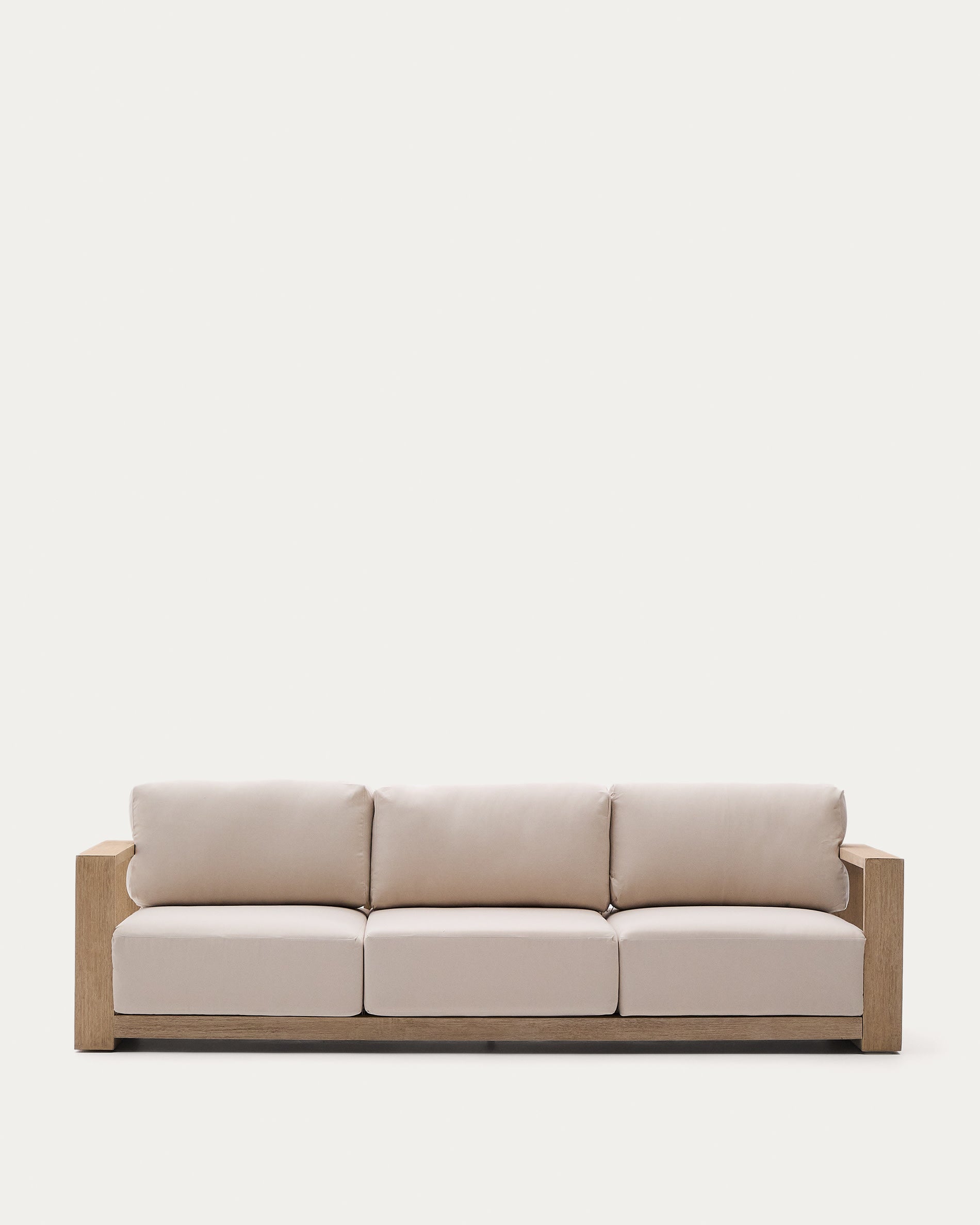 Elegantes 3-Sitzer-Sofa aus Akazienholz, 249 cm breit, mit klarem Finish für stilvolles Wohnen drinnen und draussen.