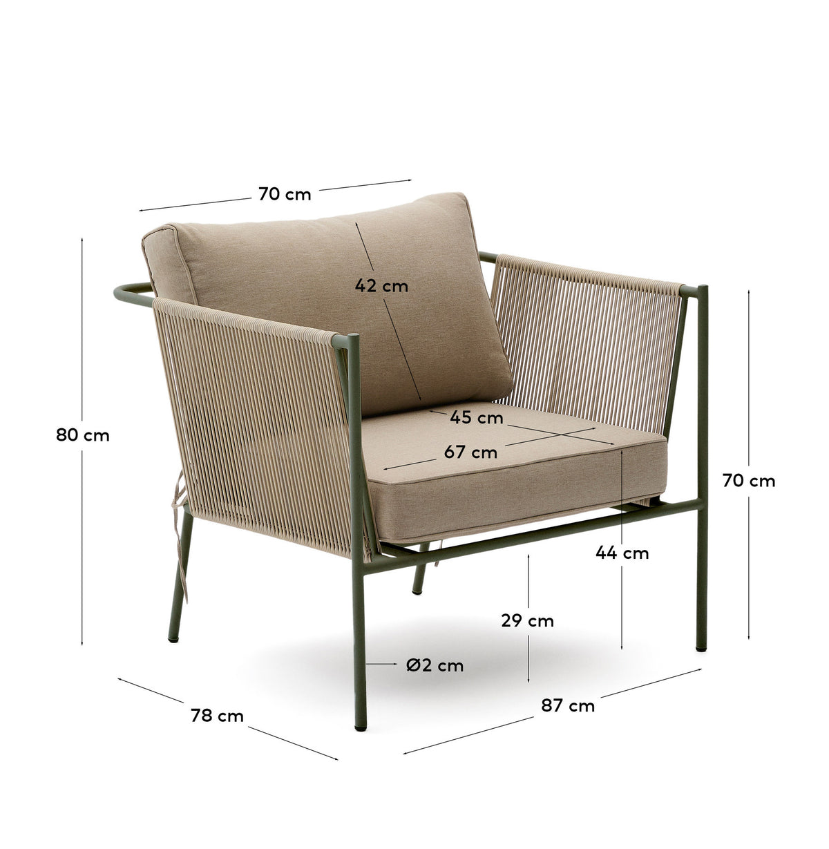 Outdoor-Sessel Zivia aus écrufarbenem Seil und grün verzinktem Stahl in Ecru, Beige, Dunkelgrün präsentiert im Onlineshop von KAQTU Design AG. Outdoor-Sessel mit Armlehnen ist von Kave Home