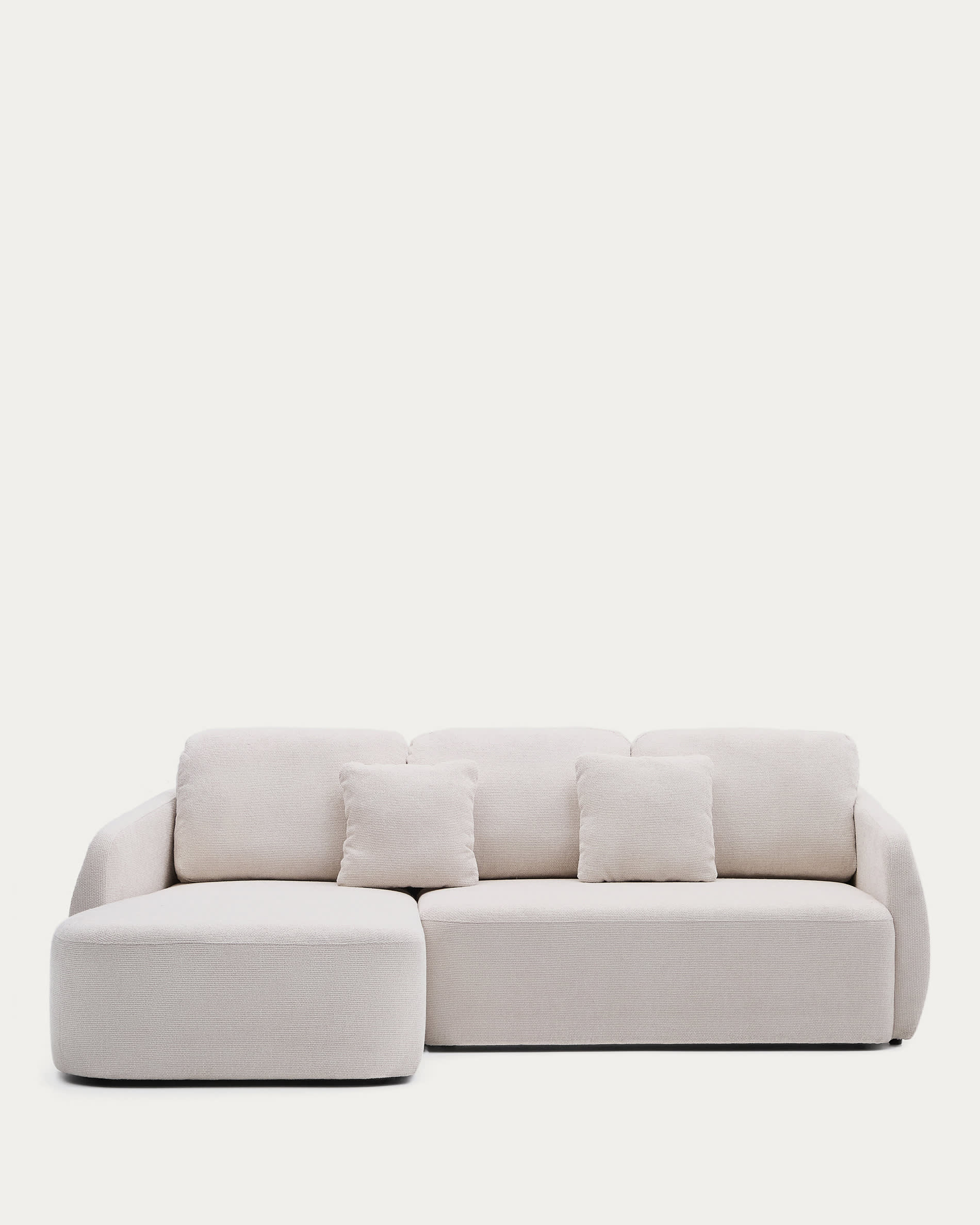 Stilvolles Schlafsofa Laira, 3-Sitzer mit linker Chaiselongue, aus Chenille in Ecru, 246 cm, FSC-zertifiziert, nachhaltig.