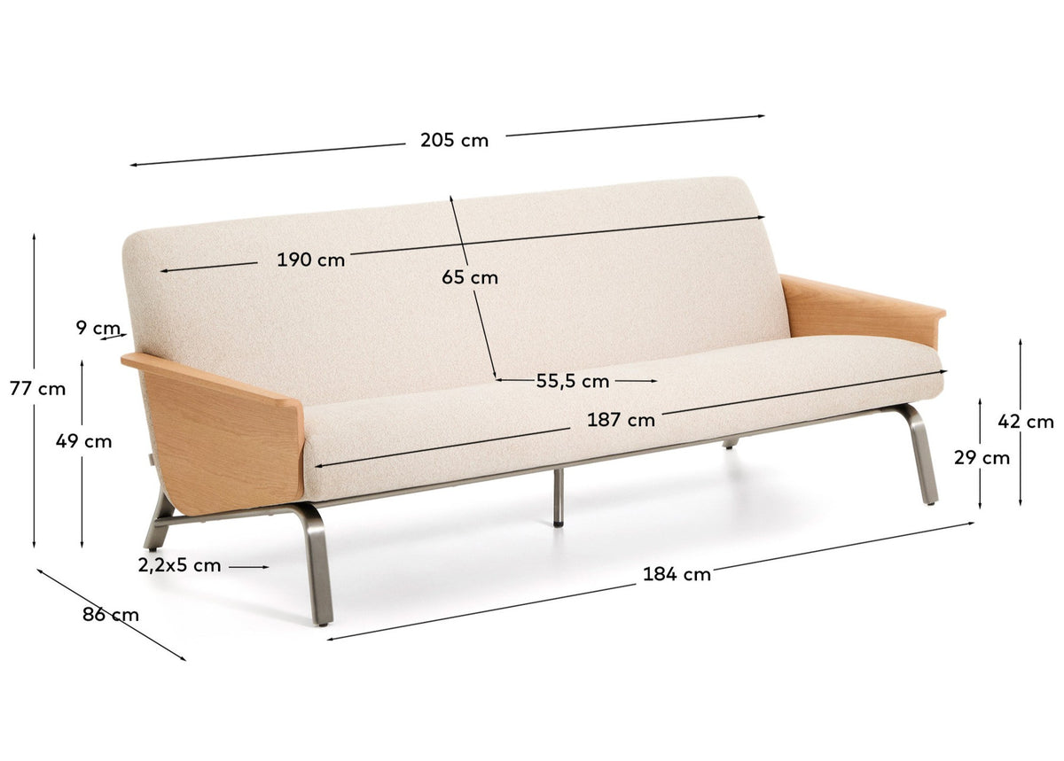 3-Sitzer-Sofa Amsen aus Eichensperrholz mit beiger Chenille und Beinen aus em gebürsteten Edelstahl 205 cm in Beige präsentiert im Onlineshop von KAQTU Design AG. 3er Sofa ist von Kave Home