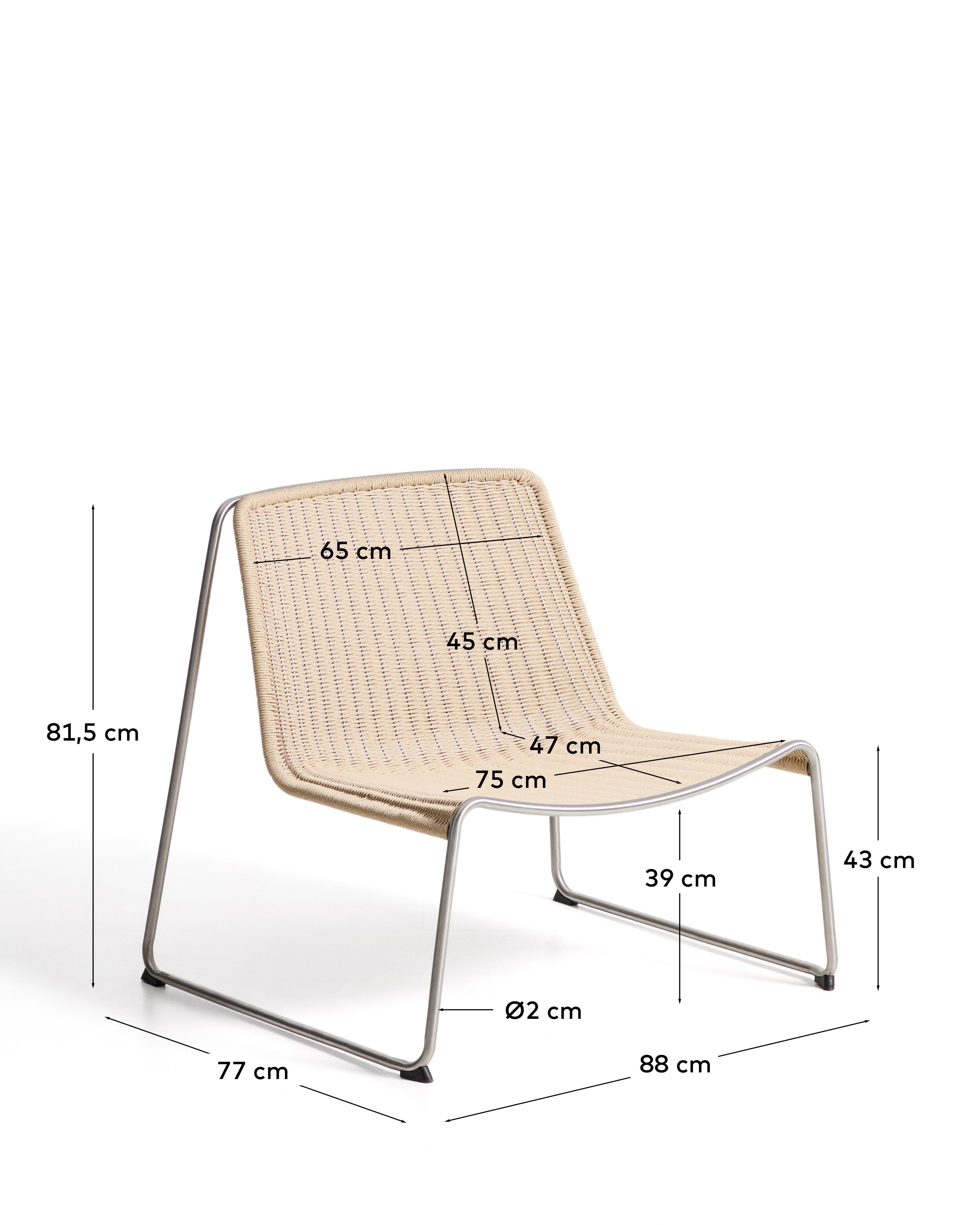 Eleganter Stapelsessel Tavari in hellem Beige, gefertigt aus robustem Synthetikseil und gebürstetem Edelstahl, ideal für Garten und Terrasse.