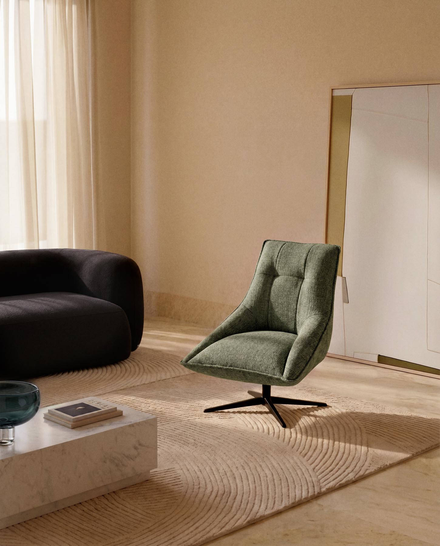 Drehsessel Dirala mit grüner Chenille und schwarz lackiertem Stahl, FSC 100 % in Hellgrün präsentiert im Onlineshop von KAQTU Design AG. Drehsessel ist von Kave Home