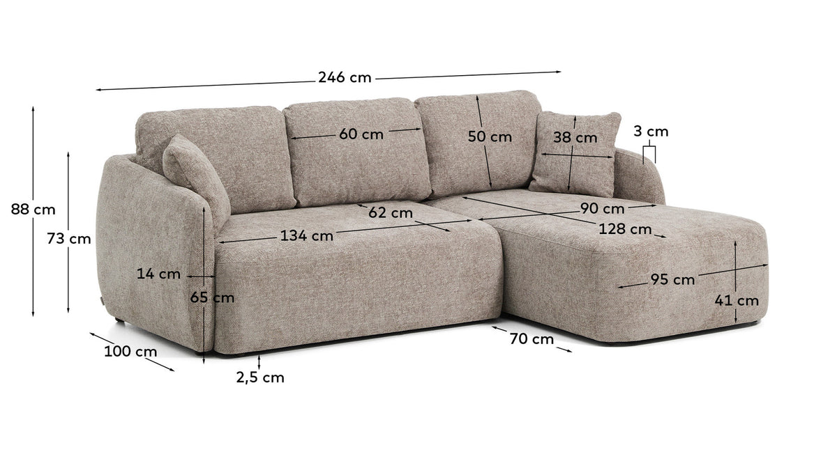 3-Sitzer-Bettsofa Laira in taupefarbener Chenille und Chaiselongue rechts, 246 cm, FSC Mix Credit in Taupe präsentiert im Onlineshop von KAQTU Design AG. Bettsofa ist von Kave Home