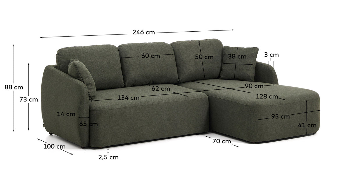 3-Sitzer-Bettsofa Laira in dunkelgrüner Chenille und Chaiselongue rechts, 246 cm, FSC Mix Credit in Dunkelgrün präsentiert im Onlineshop von KAQTU Design AG. Bettsofa ist von Kave Home