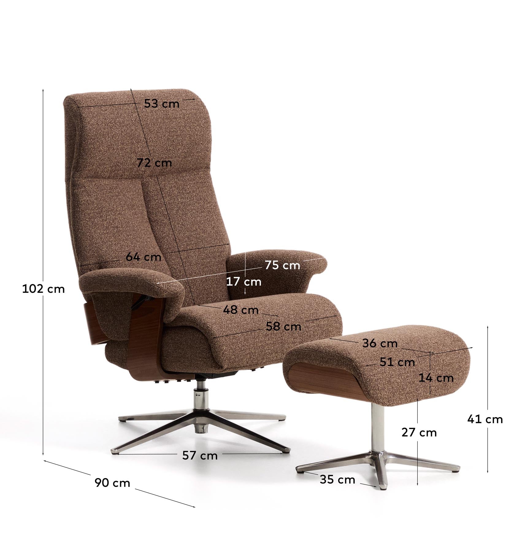 Verstellbarer Drehsessel Toriel mit Fussablage in schokobraunem Microbouclé und mit Beinen aus Aluminium, FSC Mix Credit in Dunkelbraun präsentiert im Onlineshop von KAQTU Design AG. Drehsessel ist von Kave Home