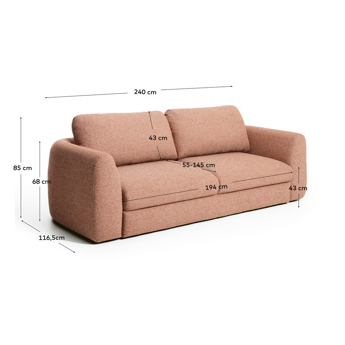 Foto des 4-Sitzer Schlafsofas Vera in Terrakotta von Kave Home mit abgerundeten Armlehnen, schwarzen Beinen und strukturiertem Gewebebezug.
