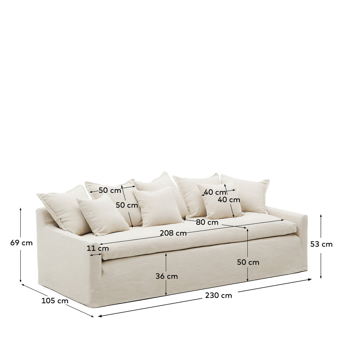 3-Sitzer-Sofa Zenira mit abnehmbarem Bezug und Kissen aus Baumwolle und Leinen in Beige 230 cm in Beige präsentiert im Onlineshop von KAQTU Design AG. 3er Sofa ist von Kave Home