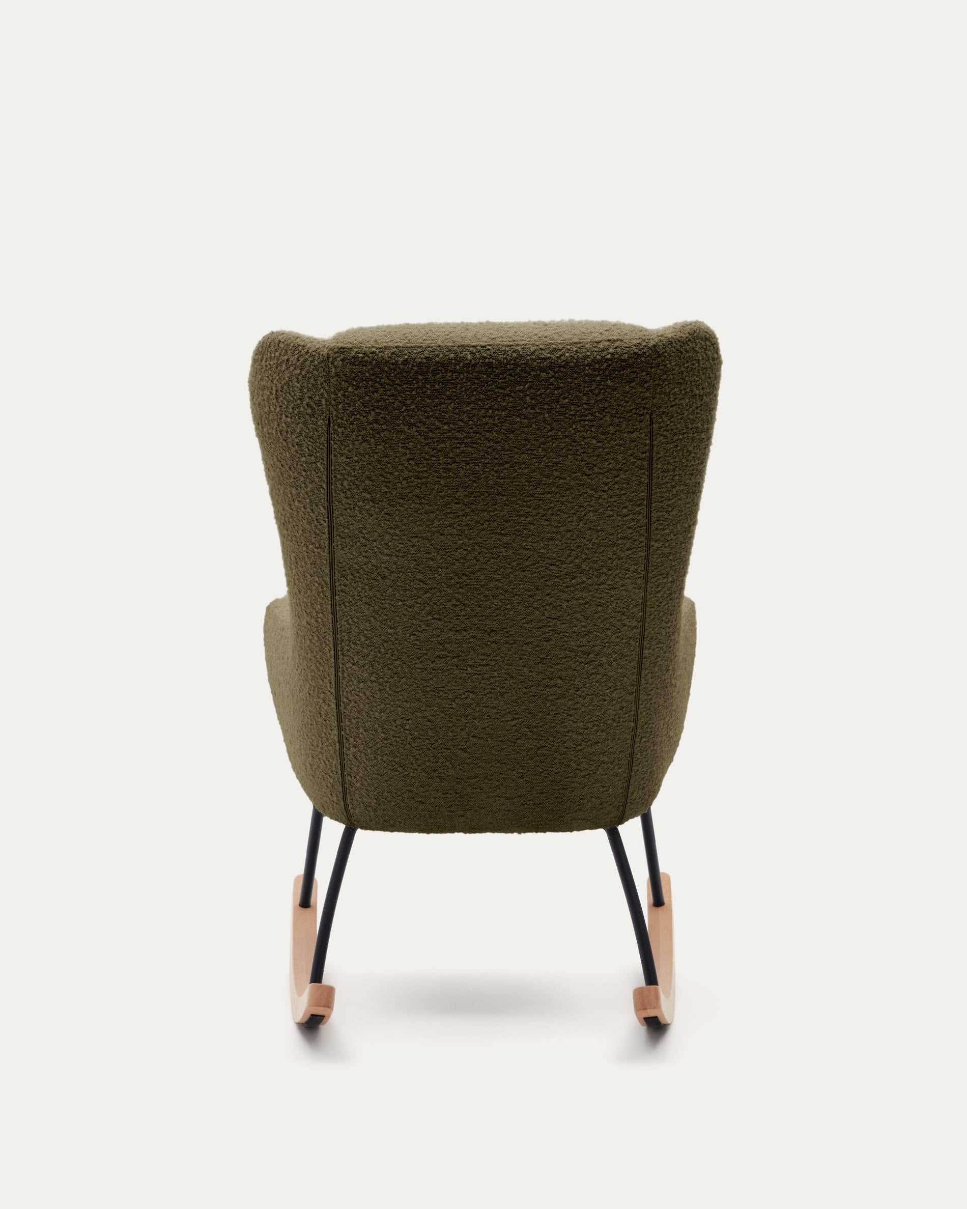 Eleganter Maustin Schaukelstuhl mit dunkelgrünem Bouclé, robustem Stahlrahmen und Buchenholz, ideal für moderne Wohnräume.