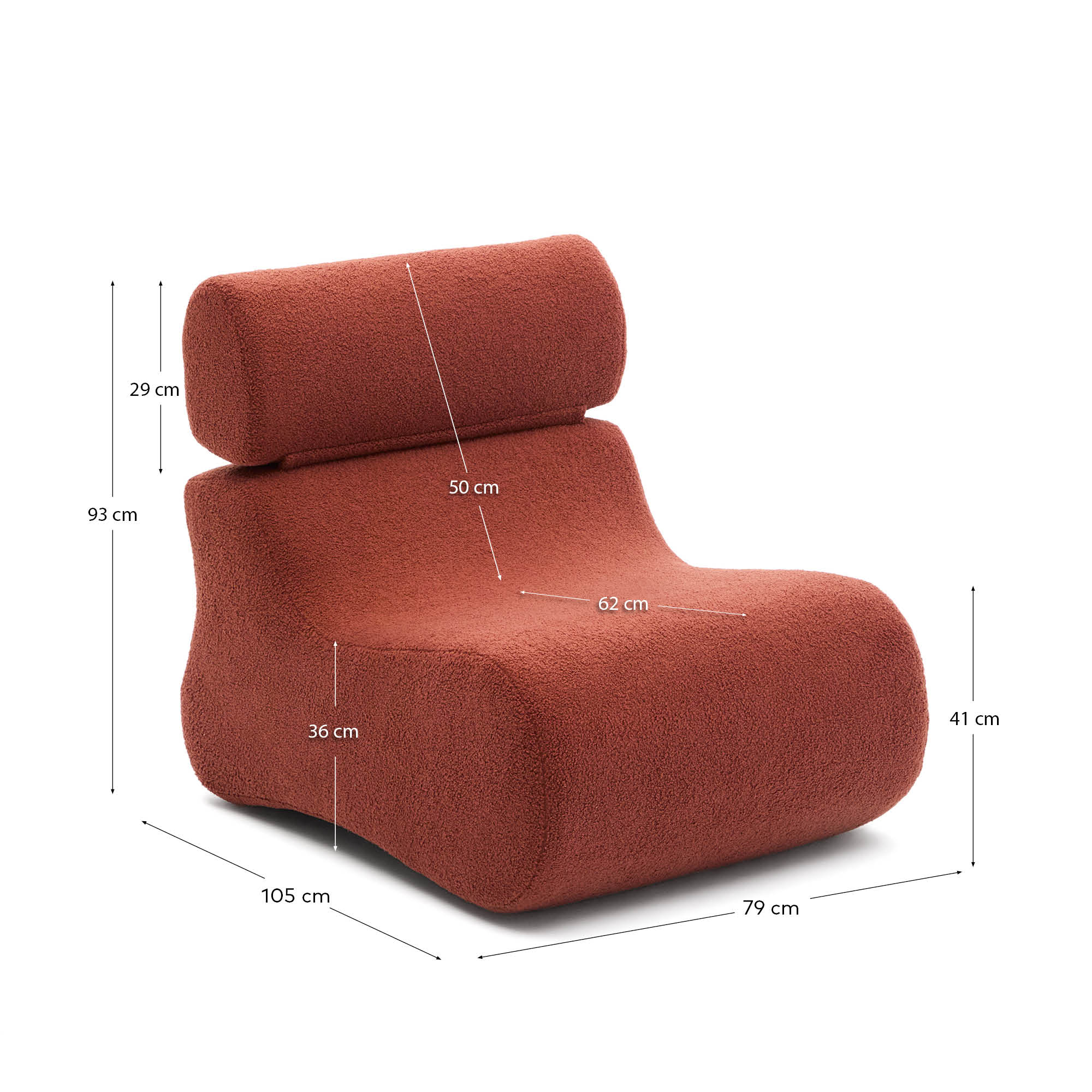 Erleben Sie den Sessel Club von Kave Home: stilvoller terrakottafarbener Bouclé, ergonomisches Design und langlebige, nachhaltige Materialien für Ihr Zuhause.