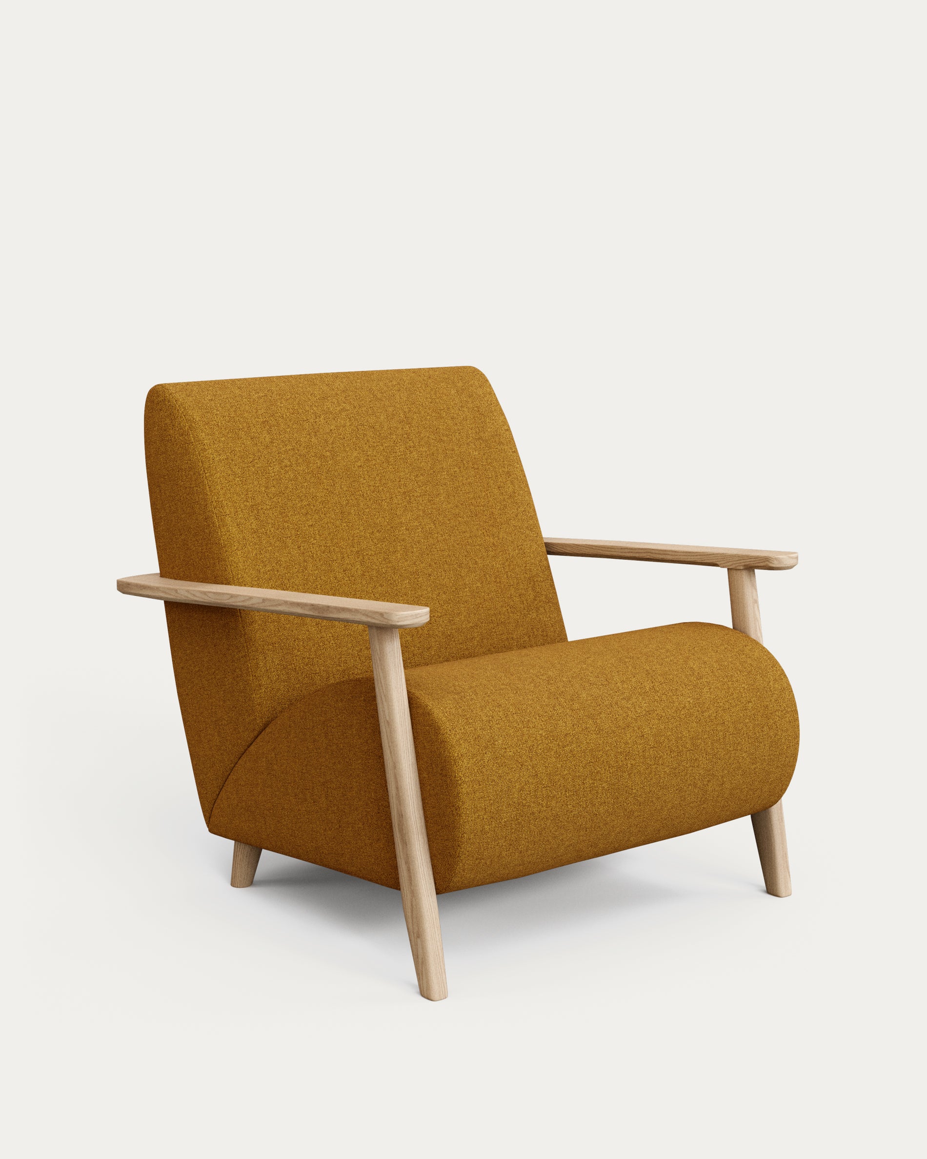 Sessel Meghan in schwer entflammbarem Lammfellimitat in Senfgelb mit massivem Eschenholz mit Natur-Finish, FSC Mix Credit in Senfgelb präsentiert im Onlineshop von KAQTU Design AG. Sessel mit Armlehnen ist von Kave Home