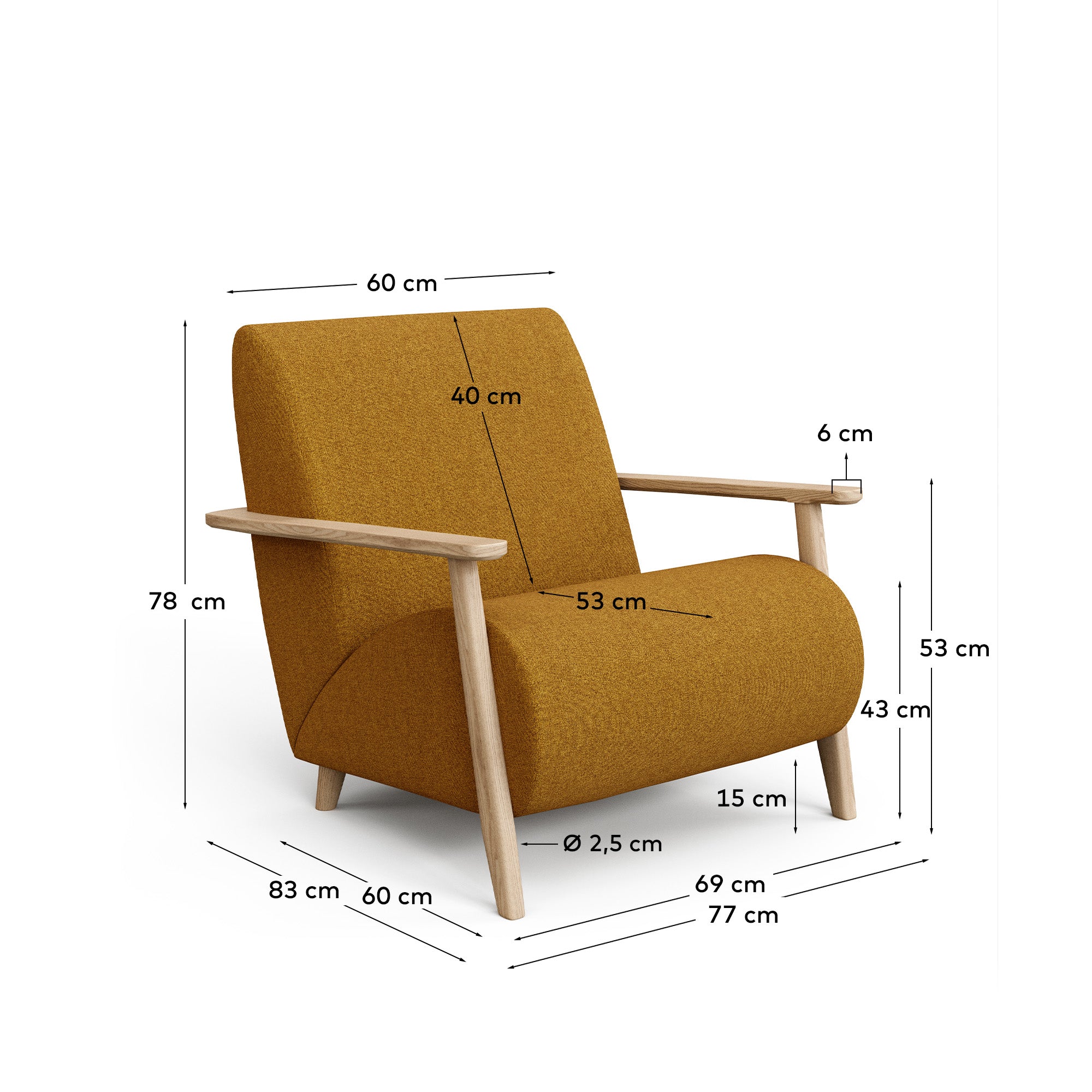 Eleganter Sessel Meghan in schwer entflammbarem Lammfellimitat in Senfgelb, mit robustem Eschenholzrahmen und natürlichem Finish.