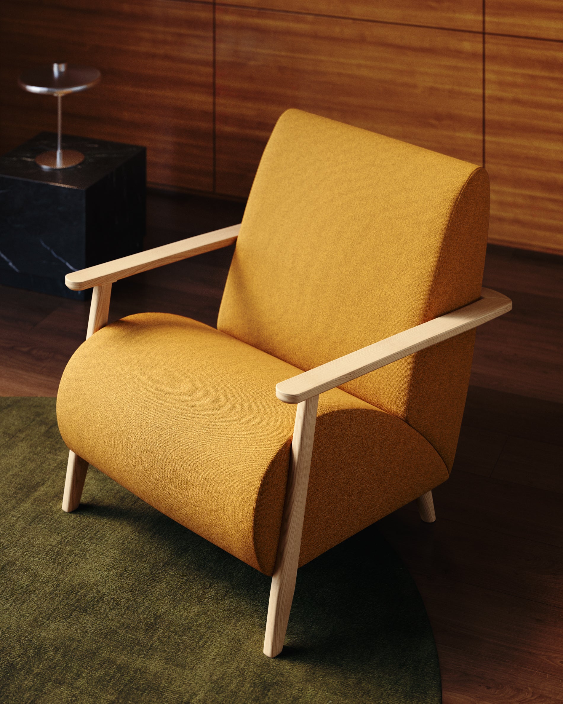 Stylischer Sessel Meghan in senfgelbem Lammfellimitat, kombiniert mit robustem Eschenholz, ideal für modernes Wohndesign.