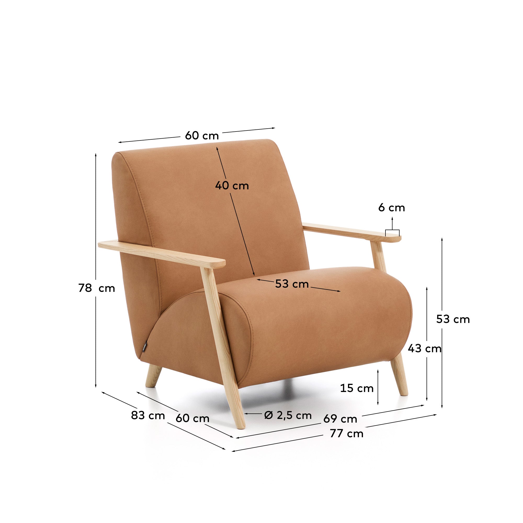 Stilvoller Sessel Meghan in braunem Leder, kombiniert mit massivem Eschenholz, perfekt für gemütliche Leseecken und moderne Interiors.