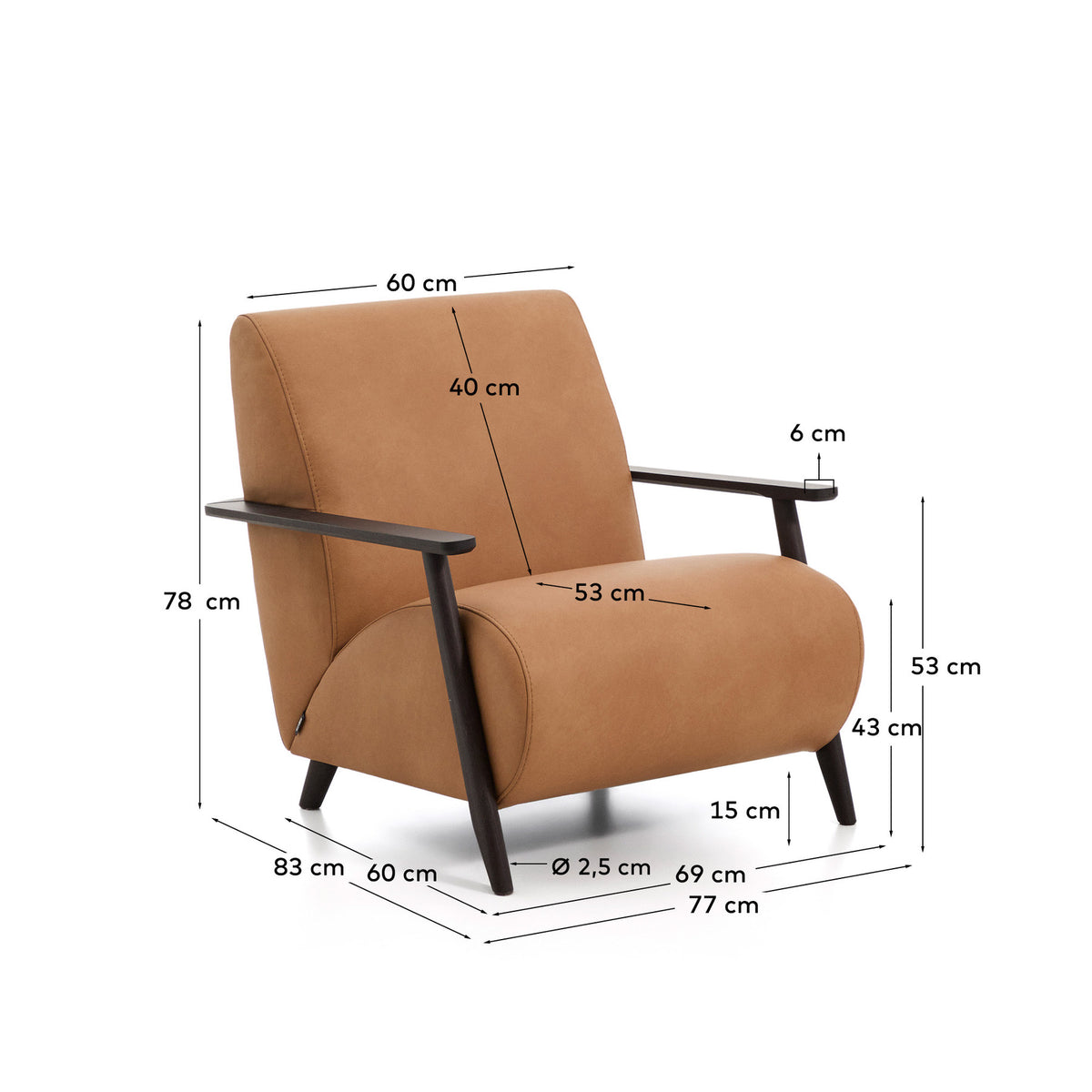 Sessel Meghan in braunem Leder mit massivem Eschenholz mit wengefarbenem Finish, FSC Mix Credit in Braun präsentiert im Onlineshop von KAQTU Design AG. Sessel mit Armlehnen ist von Kave Home