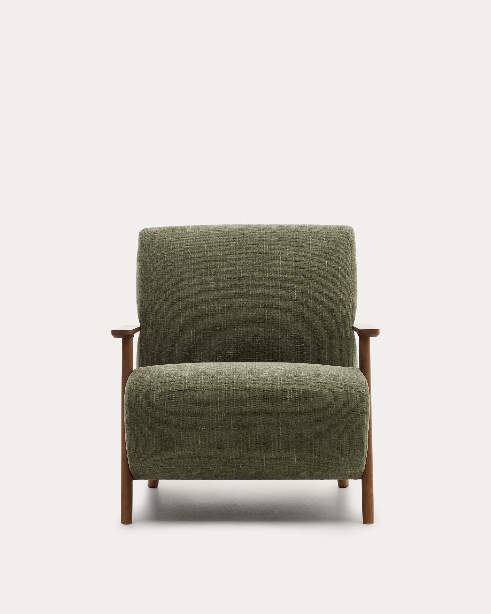 Meghan Sessel: Grüner Chenille-Stoff, FSC-zertifiziertes Eschenholz, edles Nussholzfinish, stilvoll und nachhaltig.