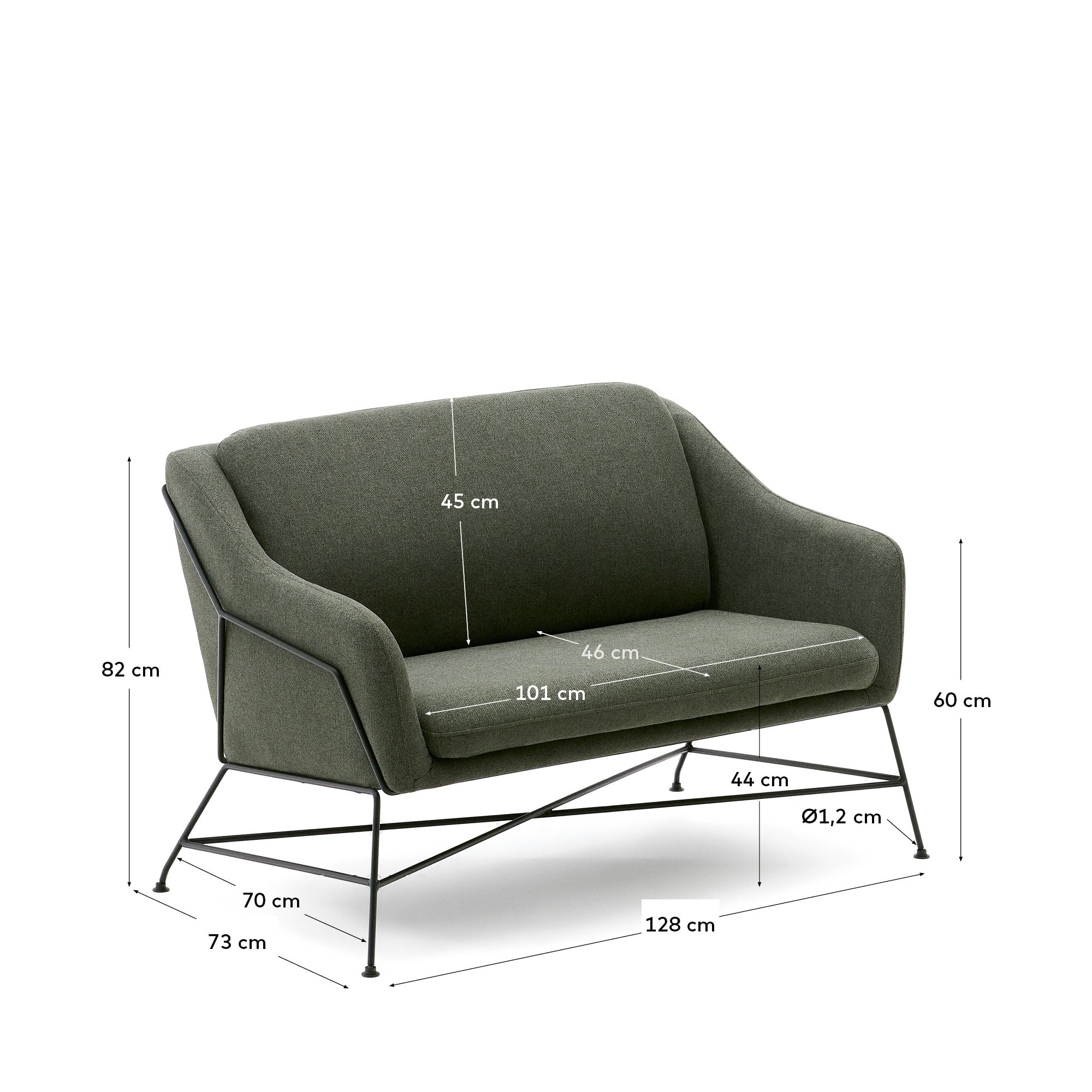 Elegantes Brida 2-Sitzer-Sofa in lebhaftem Grün, 128 cm, mit robusten Stahlbeinen in Schwarz. Perfekt für stilvolle und einladende Wohnräume.