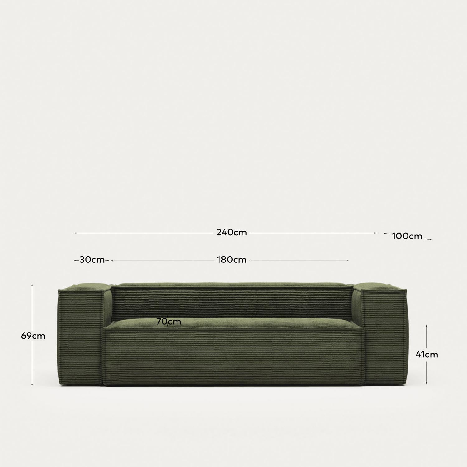 Stilvolles 3-Sitzer-Sofa Blok in grünem Cord, 240 cm, ideal für gemütliche Stunden im modernen Wohnzimmer. Hochwertige Materialien für besten Komfort.