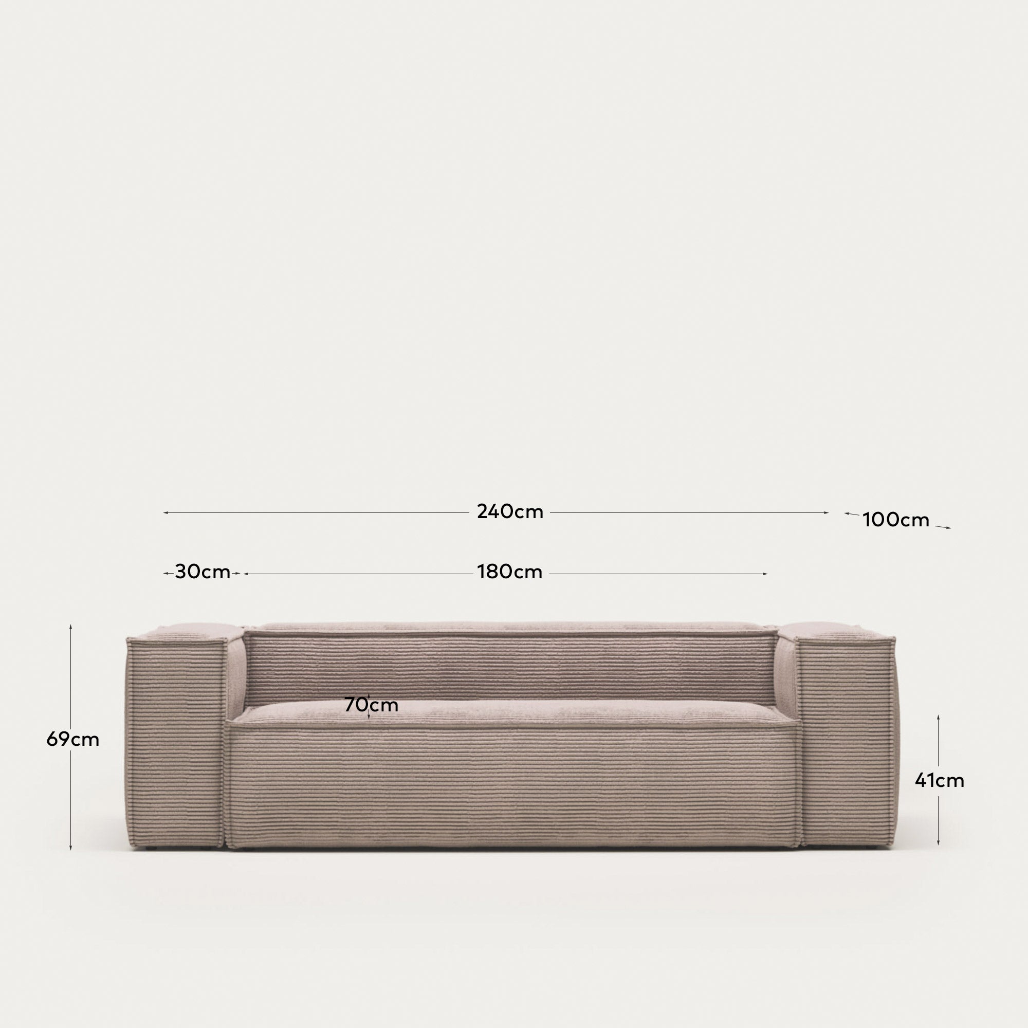 Elegantes 3-Sitzer-Sofa in sanftem Rosaton aus breitem Cord, 240 cm – perfekter Komfort für stilvolle Wohnräume und entspannte Momente.