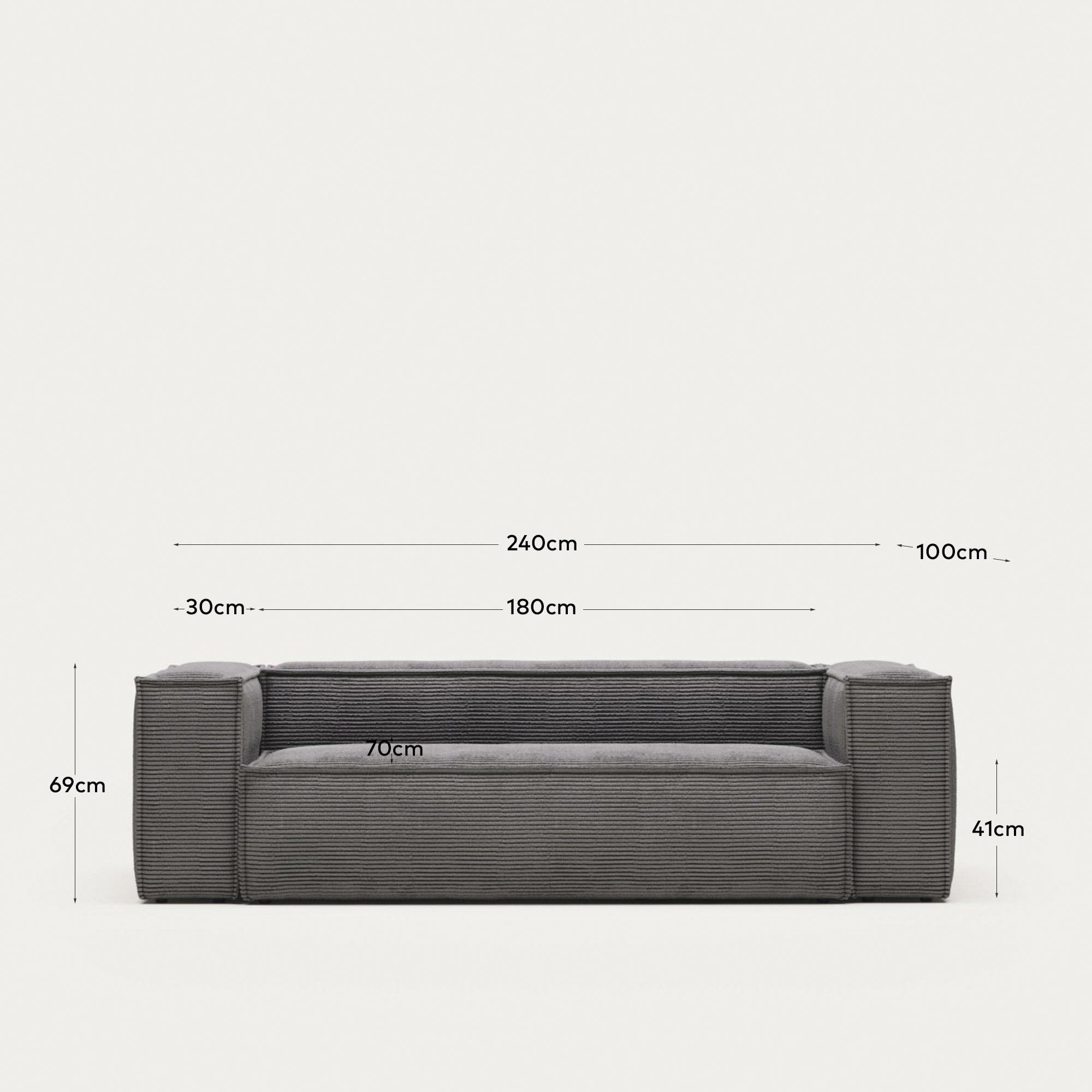 3-Sitzer-Sofa Blok, schwer entflammbar mit dickem, grauem Cord, 240 cm, FSC Mix Credit in Grau präsentiert im Onlineshop von KAQTU Design AG. 3er Sofa ist von Kave Home
