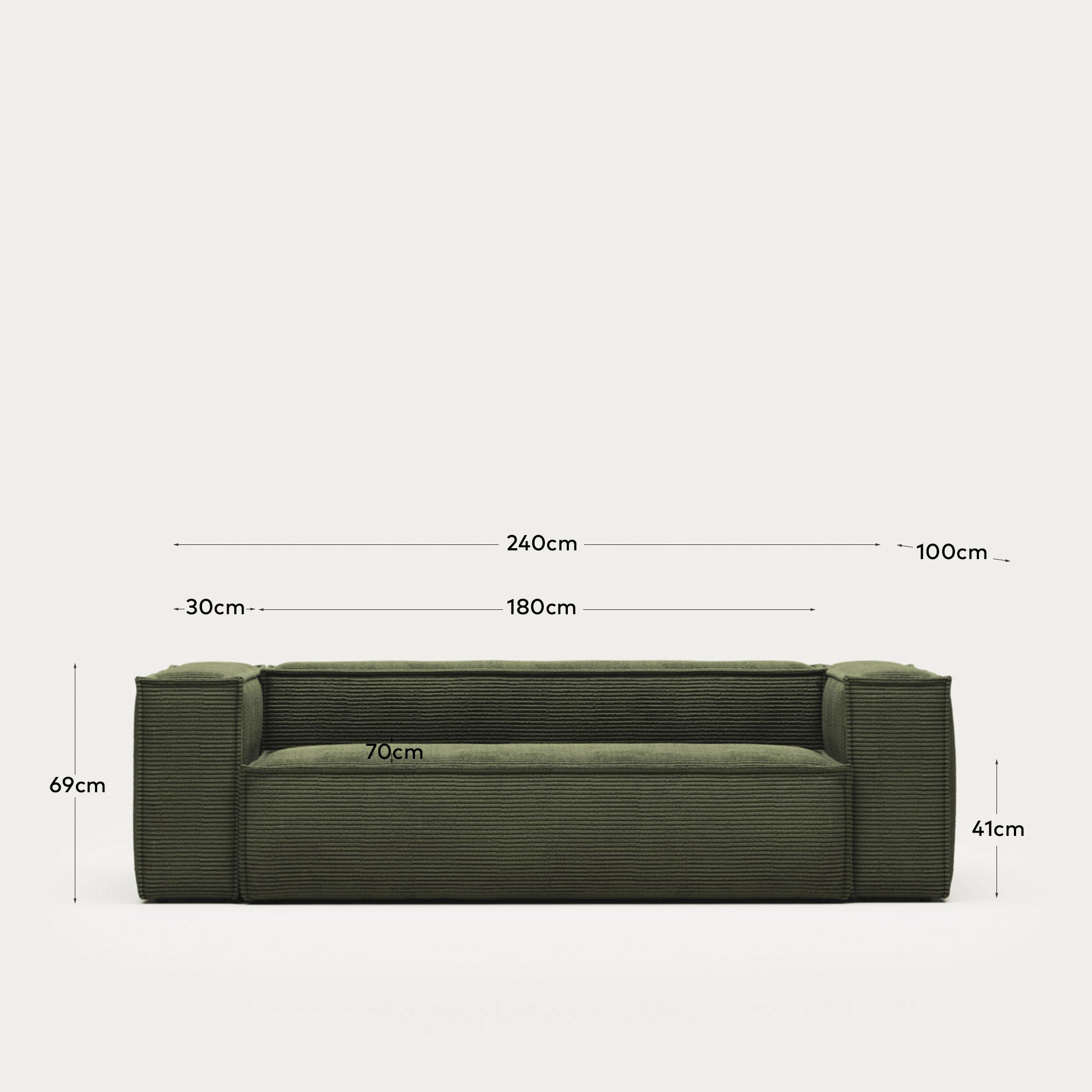 3-Sitzer-Sofa Blok, schwer entflammbar mit dickem, grünen Cord, 240 cm, FSC Mix Credit in Grün präsentiert im Onlineshop von KAQTU Design AG. 3er Sofa ist von Kave Home