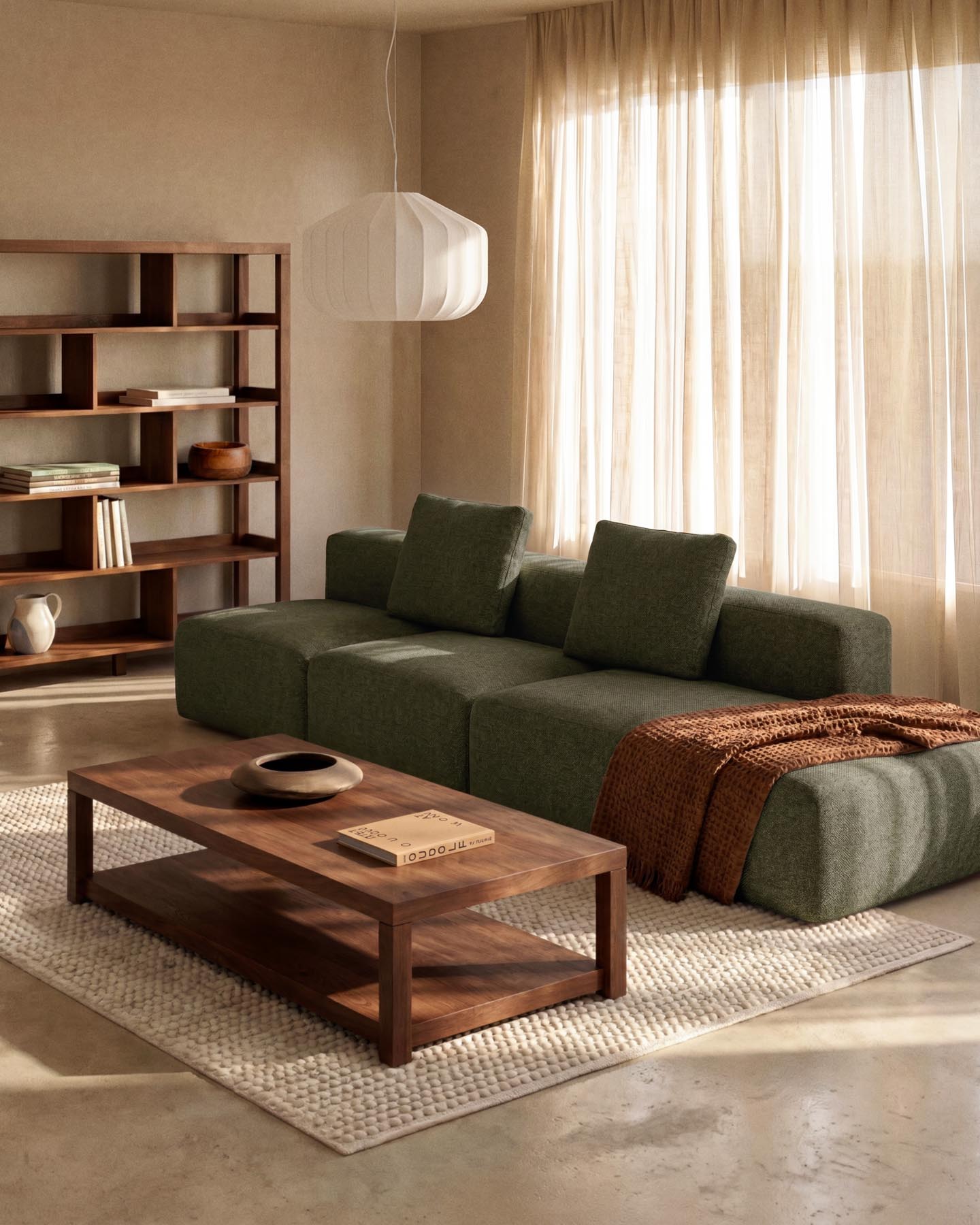 3-Sitzer-Sofa Blok mit Randmodul links in moosgrüner Chenille, 325 cm, FSC Mix Credit in Grün präsentiert im Onlineshop von KAQTU Design AG. 3er Sofa ist von Kave Home