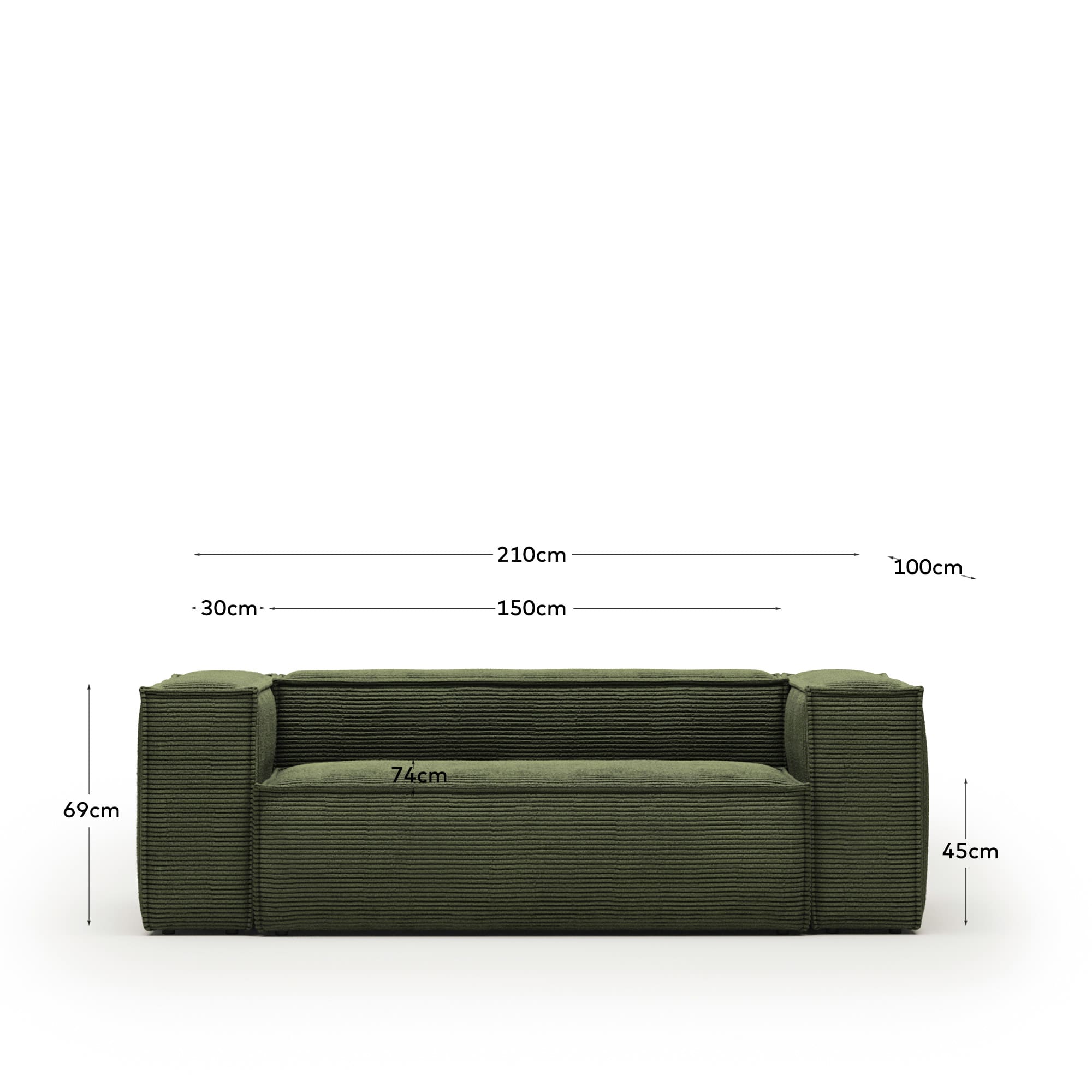 Elegantes 2-Sitzer-Sofa Blok in sattem Grün aus Cord, 210 cm. Ideal für stilvolle Entspannung und umweltbewusste Einrichtung.