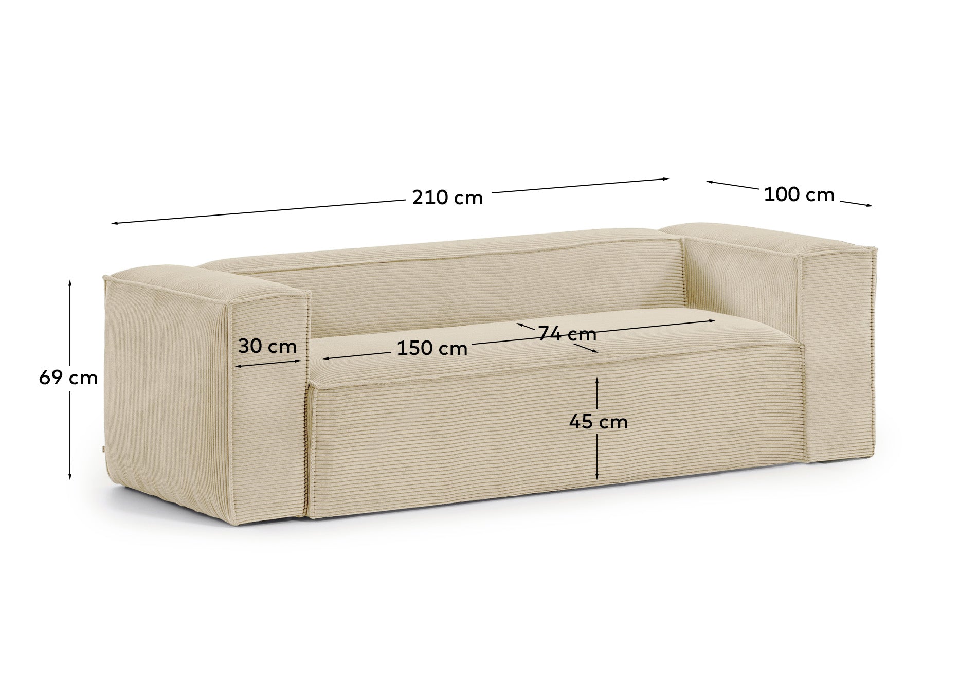 2-Sitzer-Sofa Blok mit dickem Cord in Naturfarbe 210 cm FSC Mix Credit in Ecru präsentiert im Onlineshop von KAQTU Design AG. 2er Sofa ist von Kave Home