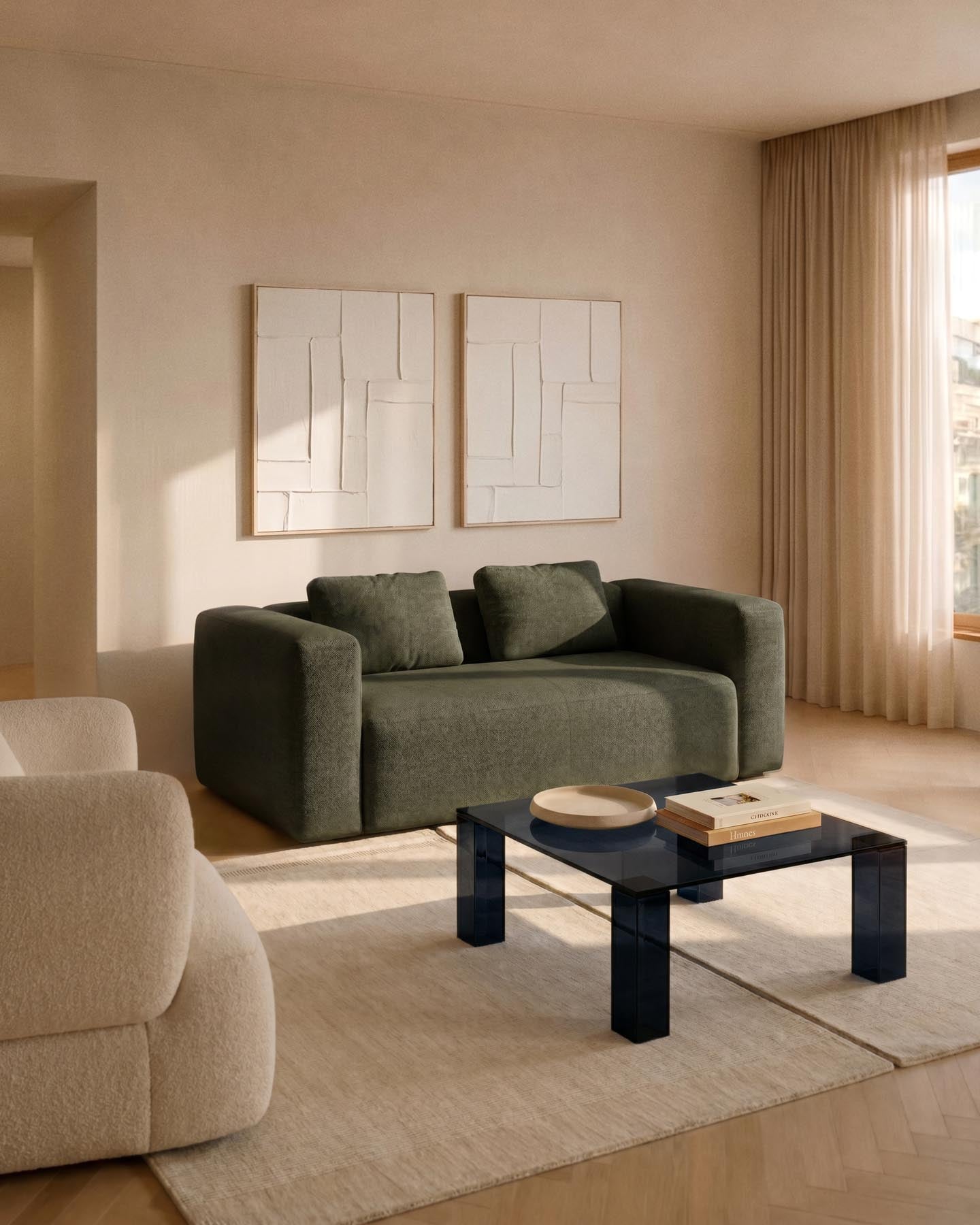 2-Sitzer-Sofa Blok in moosgrüner Chenille, 210 cm, FSC Mix Credit in Grün präsentiert im Onlineshop von KAQTU Design AG. 2er Sofa ist von Kave Home