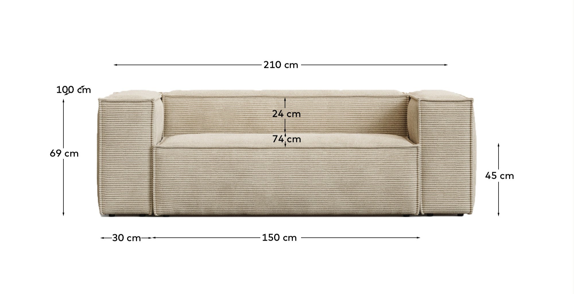 2-Sitzer-Sofa Blok schwer entflammbar mit dickem Cord in Ecru 210 cm FSC Mix Credit in Ecru präsentiert im Onlineshop von KAQTU Design AG. 2er Sofa ist von Kave Home