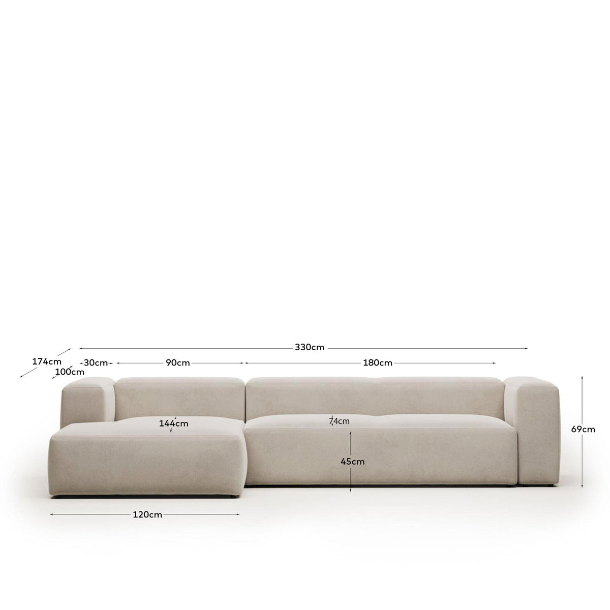 4-Sitzer-Sofa Blok mit beiger Chenille und Chaiselongue links 330 cm FSC Mix Credit in Beige präsentiert im Onlineshop von KAQTU Design AG. L-Sofa links ist von Kave Home