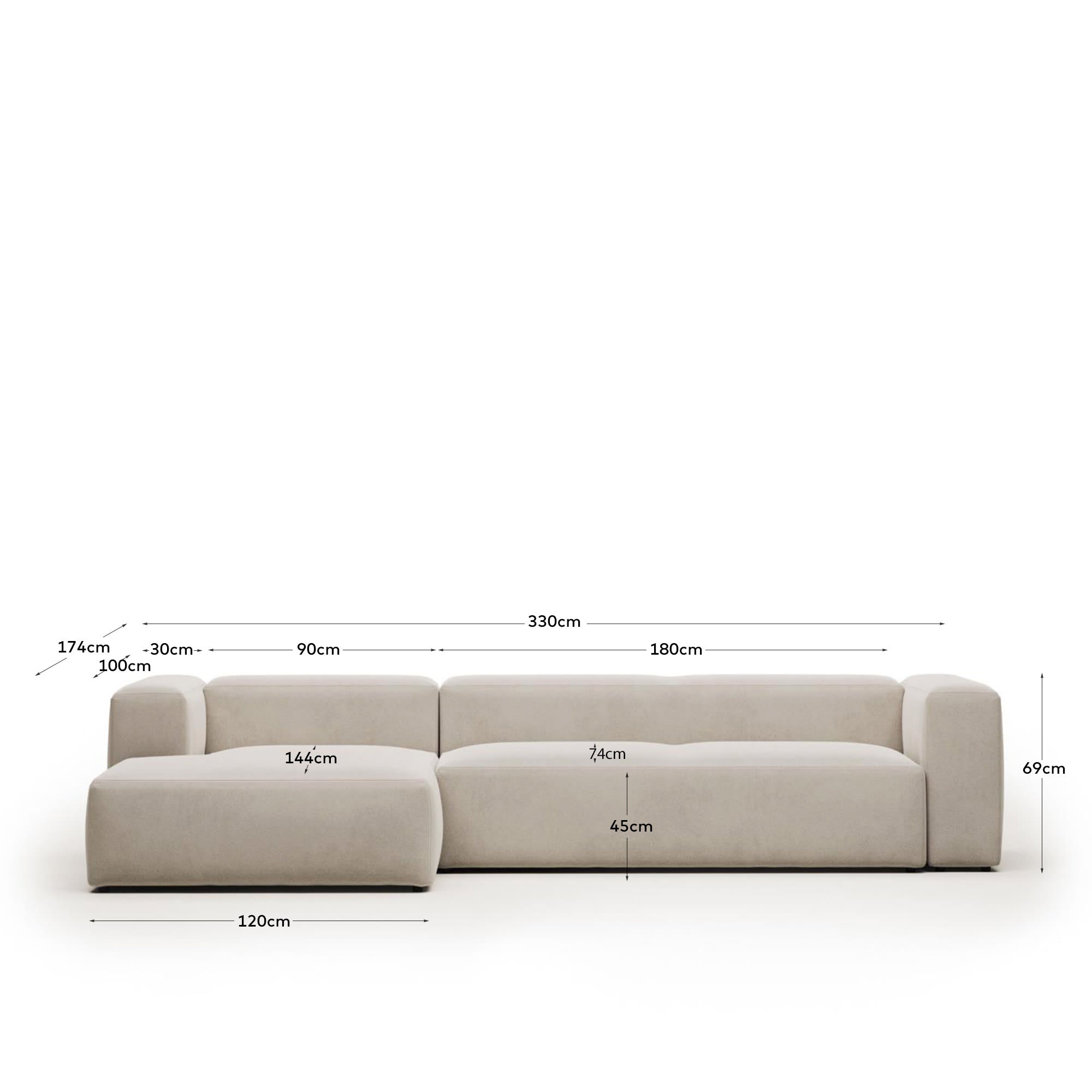Beiges 4-Sitzer-Sofa mit linksseitiger Chaiselongue, 330 cm, stilvolles Design, hochwertige Chenille-Polsterung, nachhaltig FSC-zertifiziert von Kave Home.