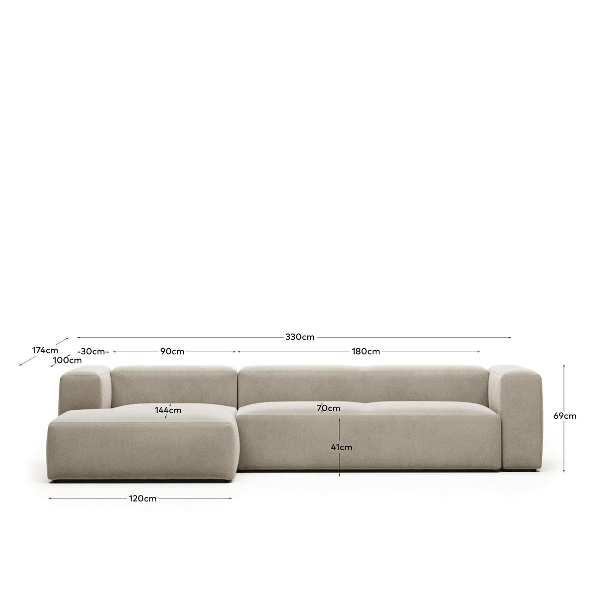 4-Sitzer-Sofa Blok mit Chaiselongue links, schwer entflammbar mit beiger Chenille, 330 cm in Beige präsentiert im Onlineshop von KAQTU Design AG. 4er Sofa ist von Kave Home