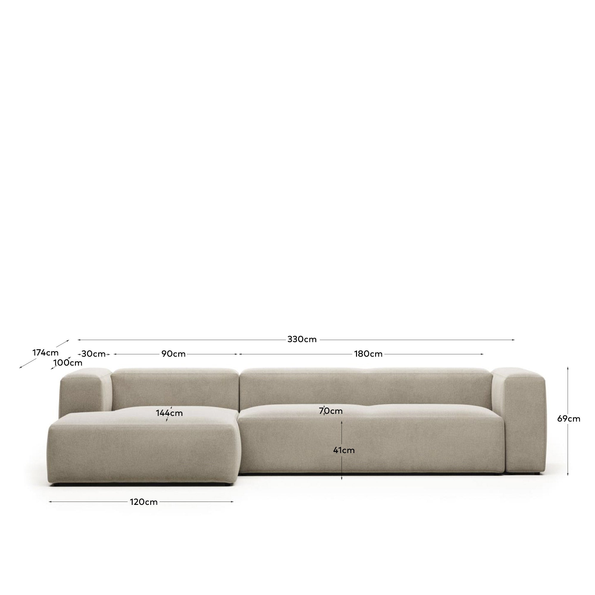 4-Sitzer-Sofa Blok mit Chaiselongue links, schwer entflammbar mit beiger Chenille, 330 cm in Beige präsentiert im Onlineshop von KAQTU Design AG. 4er Sofa ist von Kave Home
