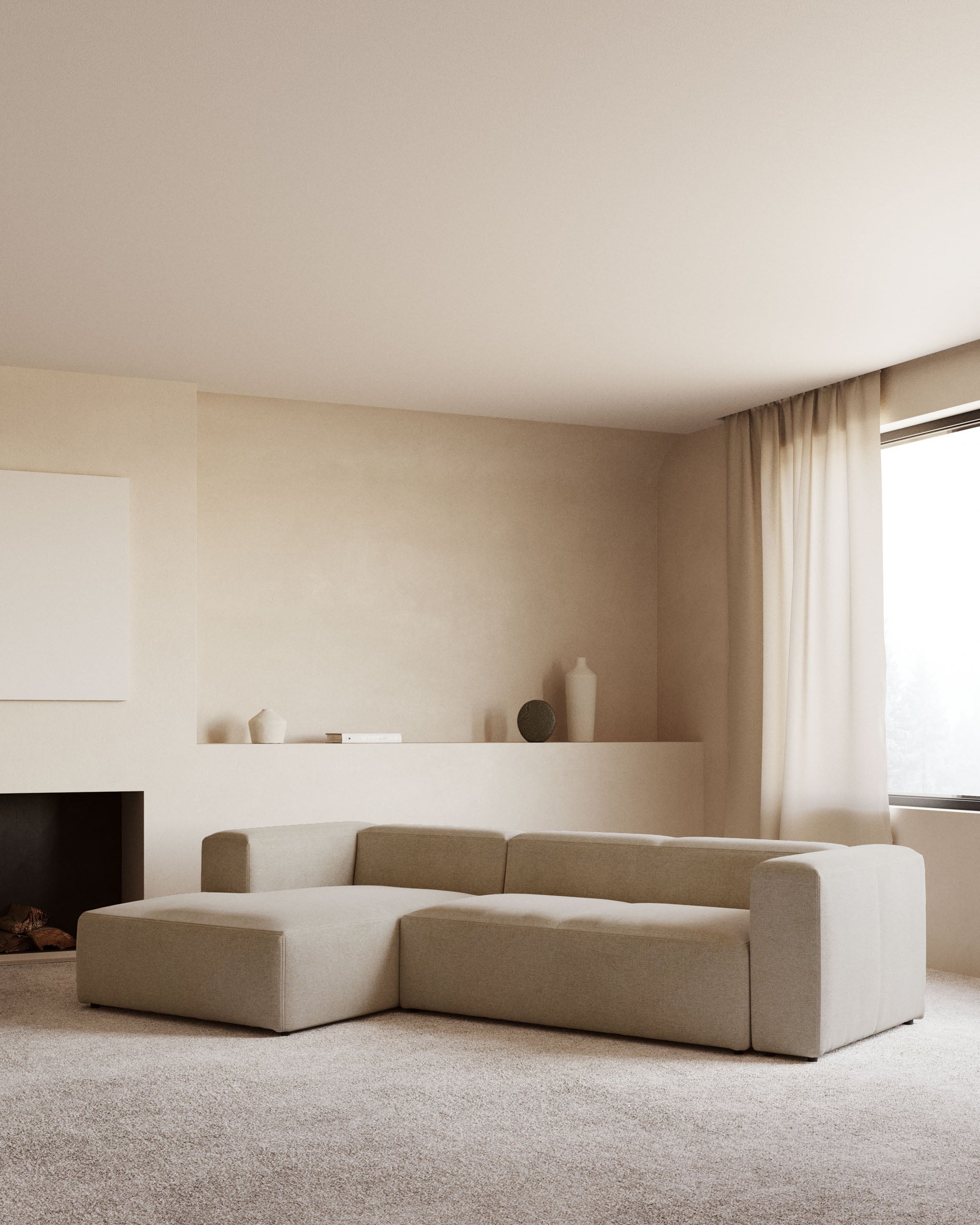 4-Sitzer-Sofa Blok mit Chaiselongue links, schwer entflammbar mit beiger Chenille, 330 cm in Beige präsentiert im Onlineshop von KAQTU Design AG. 4er Sofa ist von Kave Home