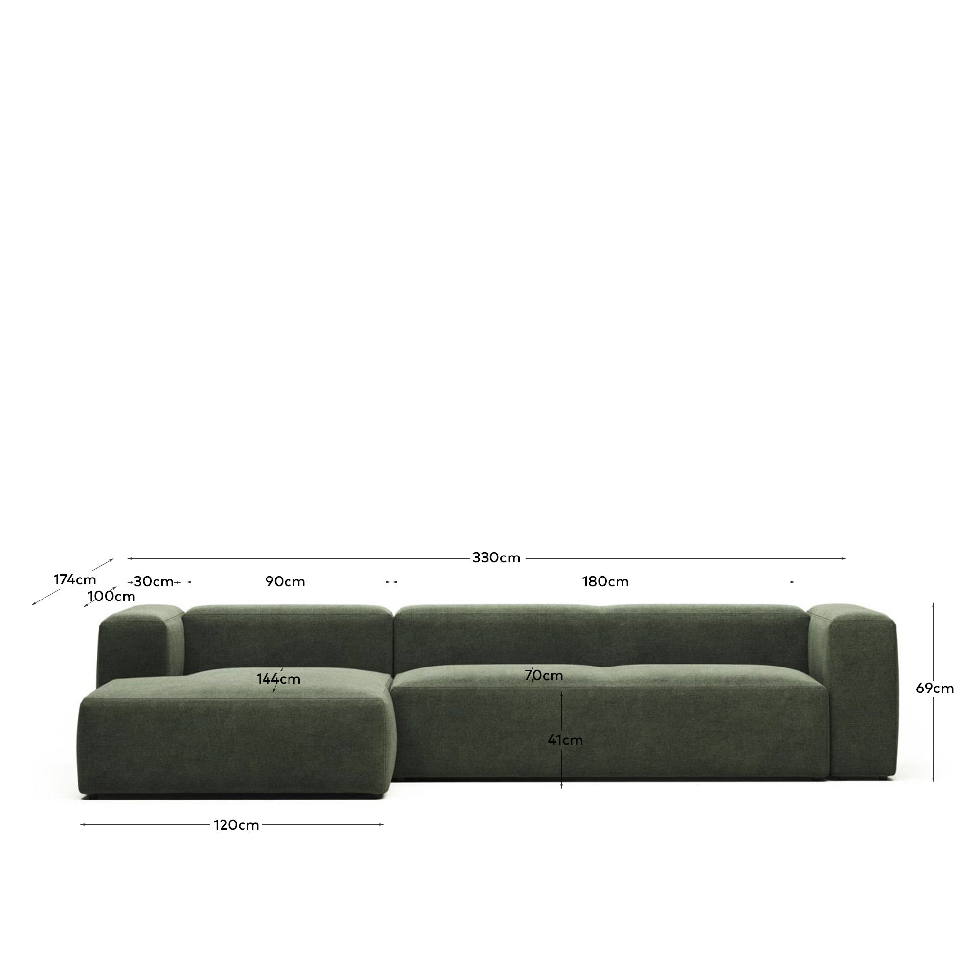 4-Sitzer-Sofa Blok mit Chaiselongue links, schwer entflammbar mit grüner Chenille, 330 cm in Grün präsentiert im Onlineshop von KAQTU Design AG. 4er Sofa ist von Kave Home