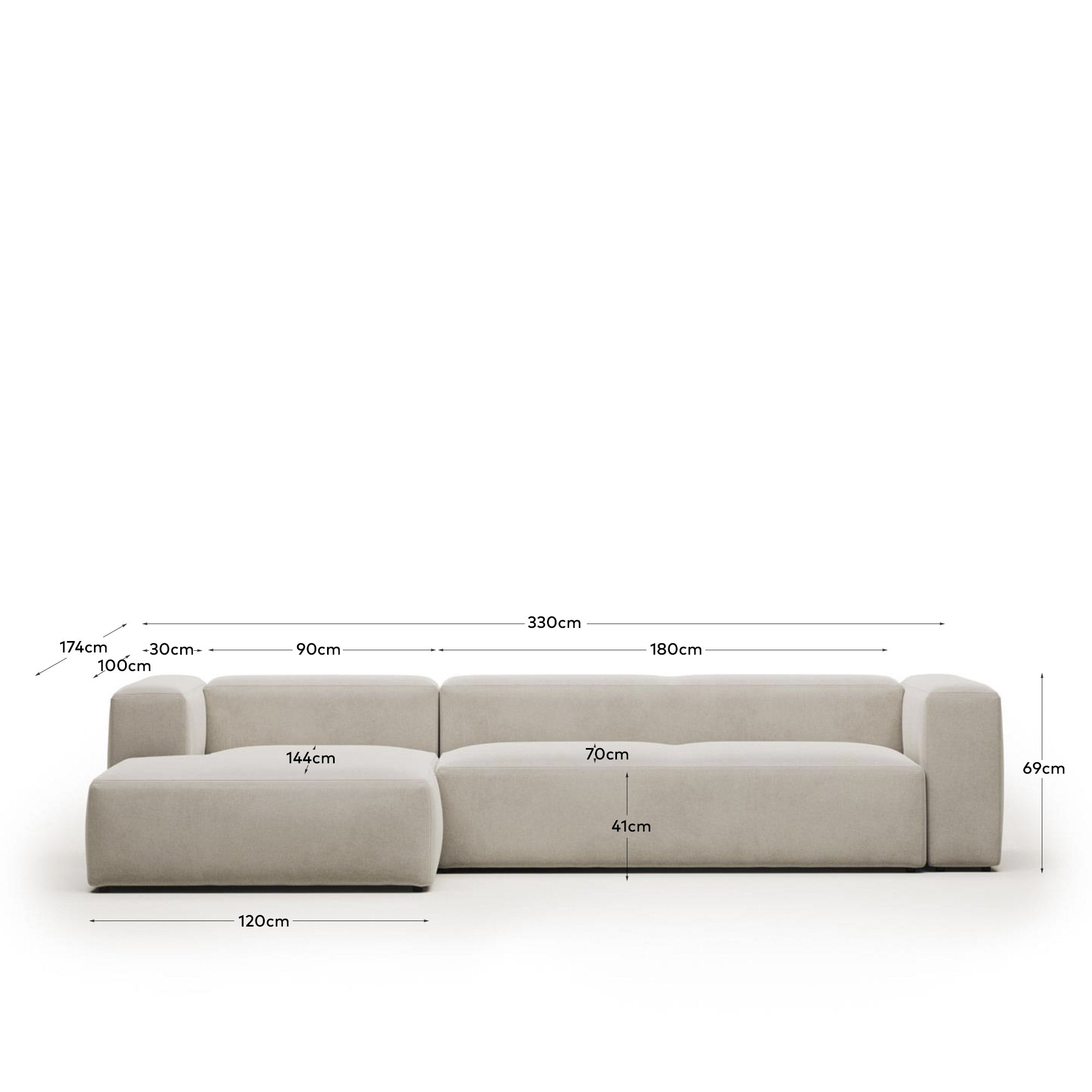 4-Sitzer-Sofa Blok mit Chaiselongue links, schwer entflammbar mit weisser Chenille, 330 cm in Grau präsentiert im Onlineshop von KAQTU Design AG. 4er Sofa ist von Kave Home