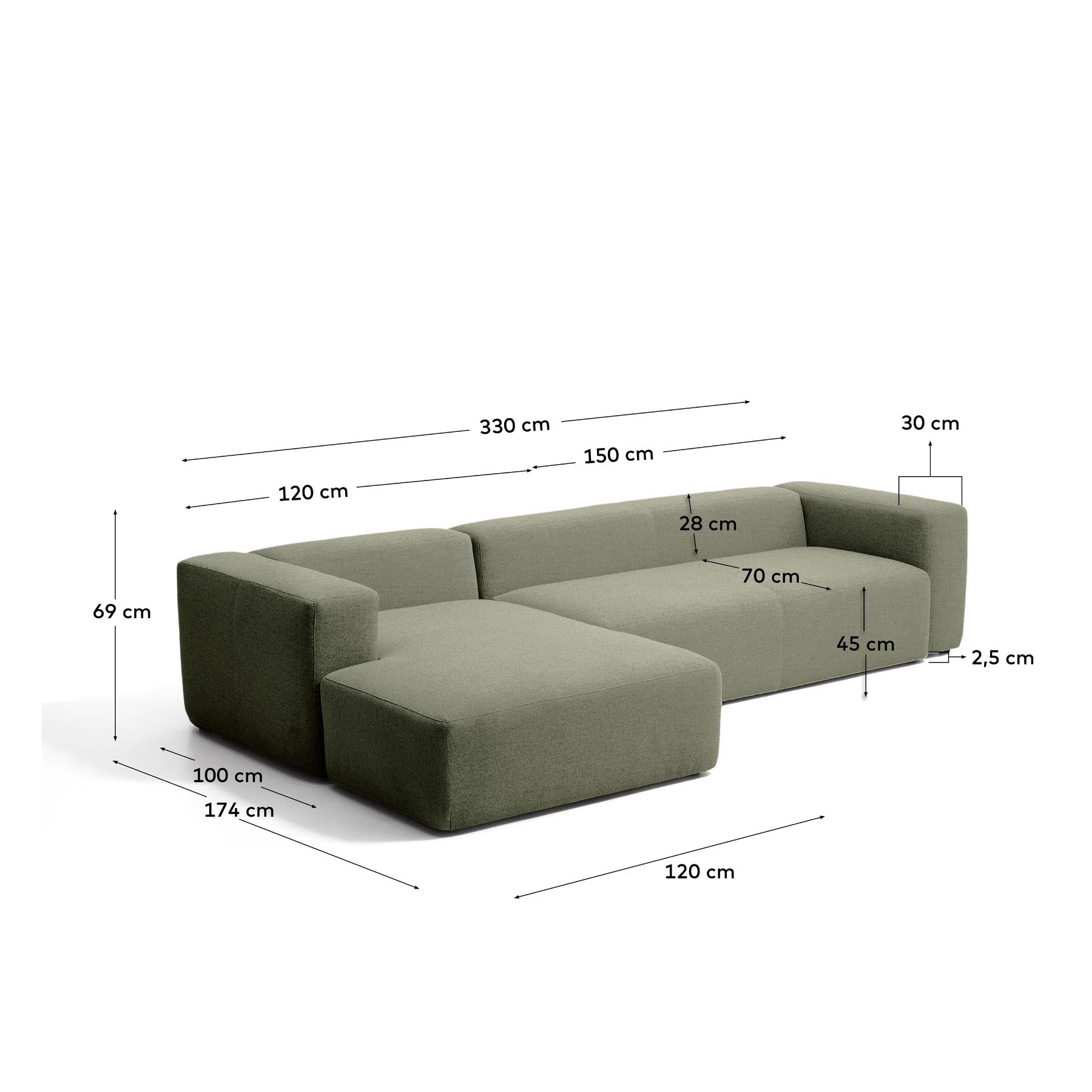 4-Sitzer-Sofa Blok mit Chaiselongue links in moosgrüner Chenille, 330 cm, FSC Mix Credit in Grün präsentiert im Onlineshop von KAQTU Design AG. L-Sofa links ist von Kave Home