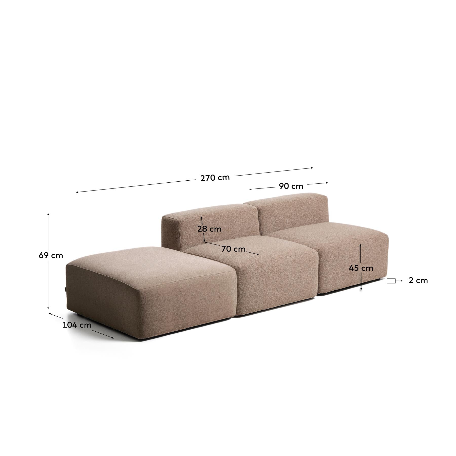 3-Sitzer-Sofa Blok mit Pouf-Randmodul in brauner Chenille, 270 cm, FSC Mix Credit in Taupe präsentiert im Onlineshop von KAQTU Design AG. 3er Sofa ist von Kave Home