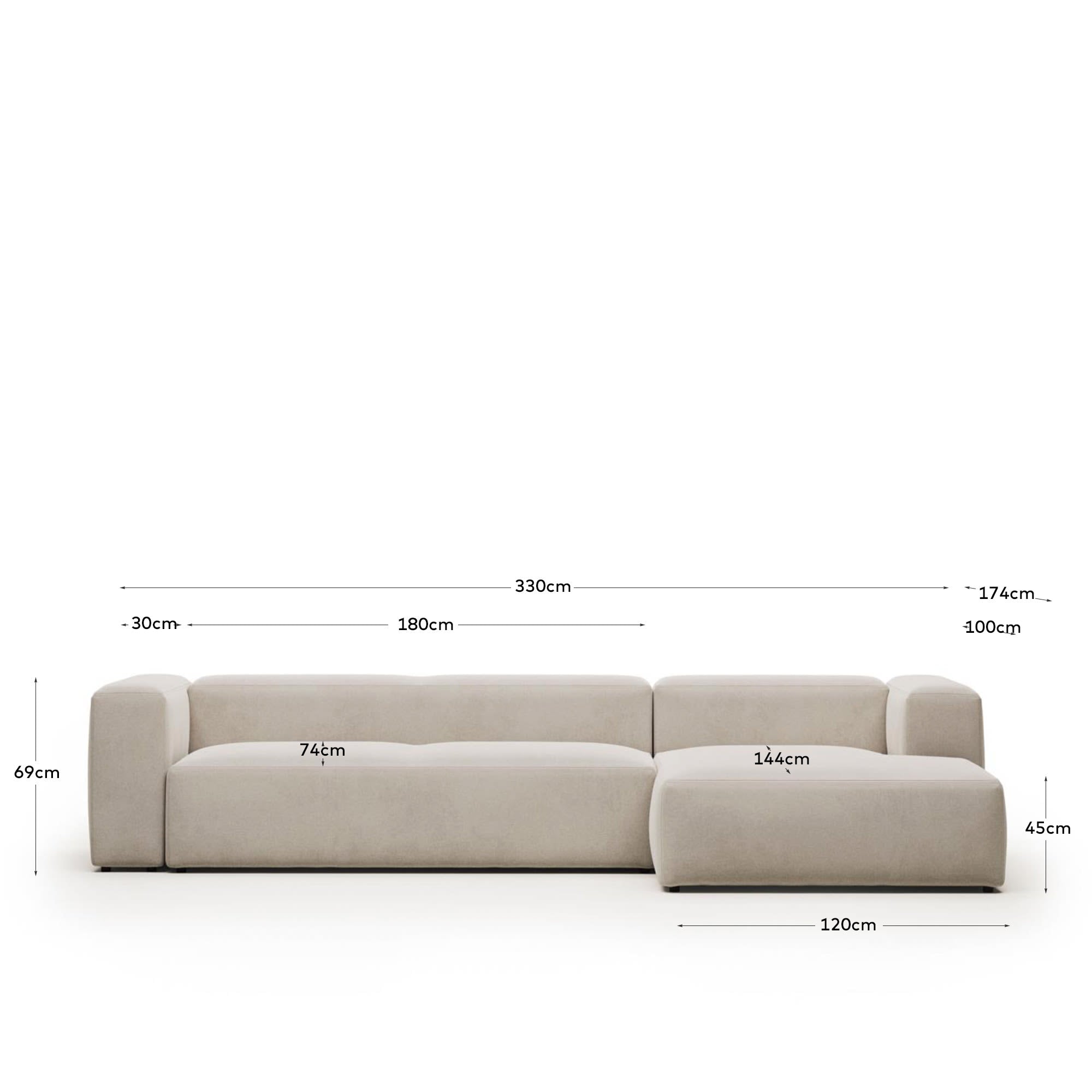Beige 4-Sitzer Sofa Blok mit Chaiselongue rechts, 330 cm, bietet großzügigen Platz und elegantes Design für Ihr Wohnzimmer. Perfekt zum Entspannen.