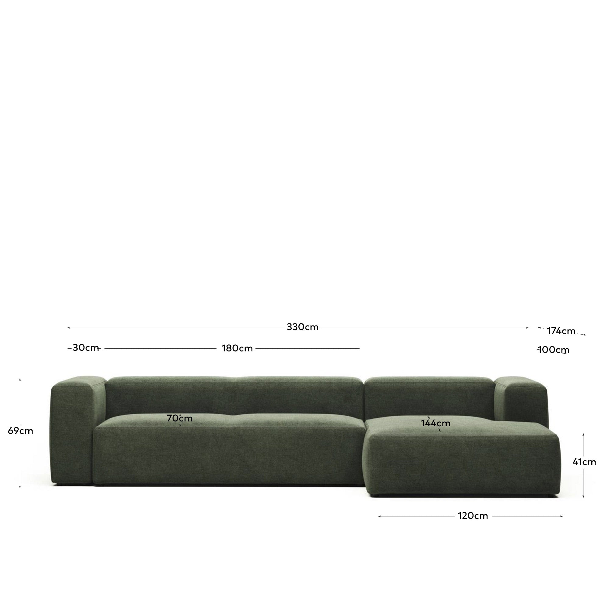 4-Sitzer-Sofa Blok mit Chaiselongue rechts, schwer entflammbar mit grüner Chenille, 330 cm in Grün präsentiert im Onlineshop von KAQTU Design AG. 4er Sofa ist von Kave Home