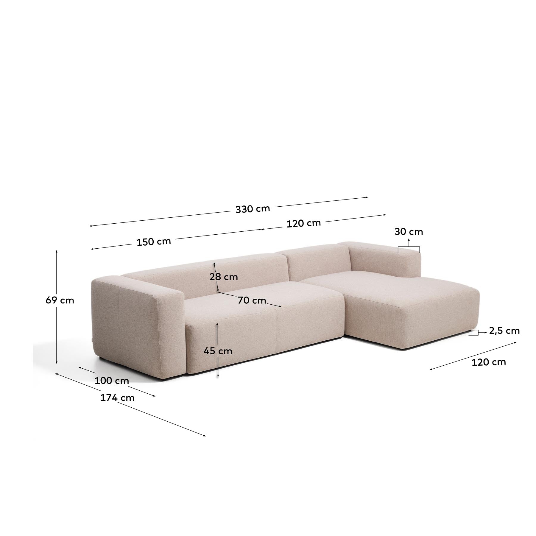 4-Sitzer-Sofa Blok mit Chaiselongue rechts in beiger Chenille, 330 cm, FSC Mix Credit in Beige präsentiert im Onlineshop von KAQTU Design AG. L-Sofa rechts ist von Kave Home