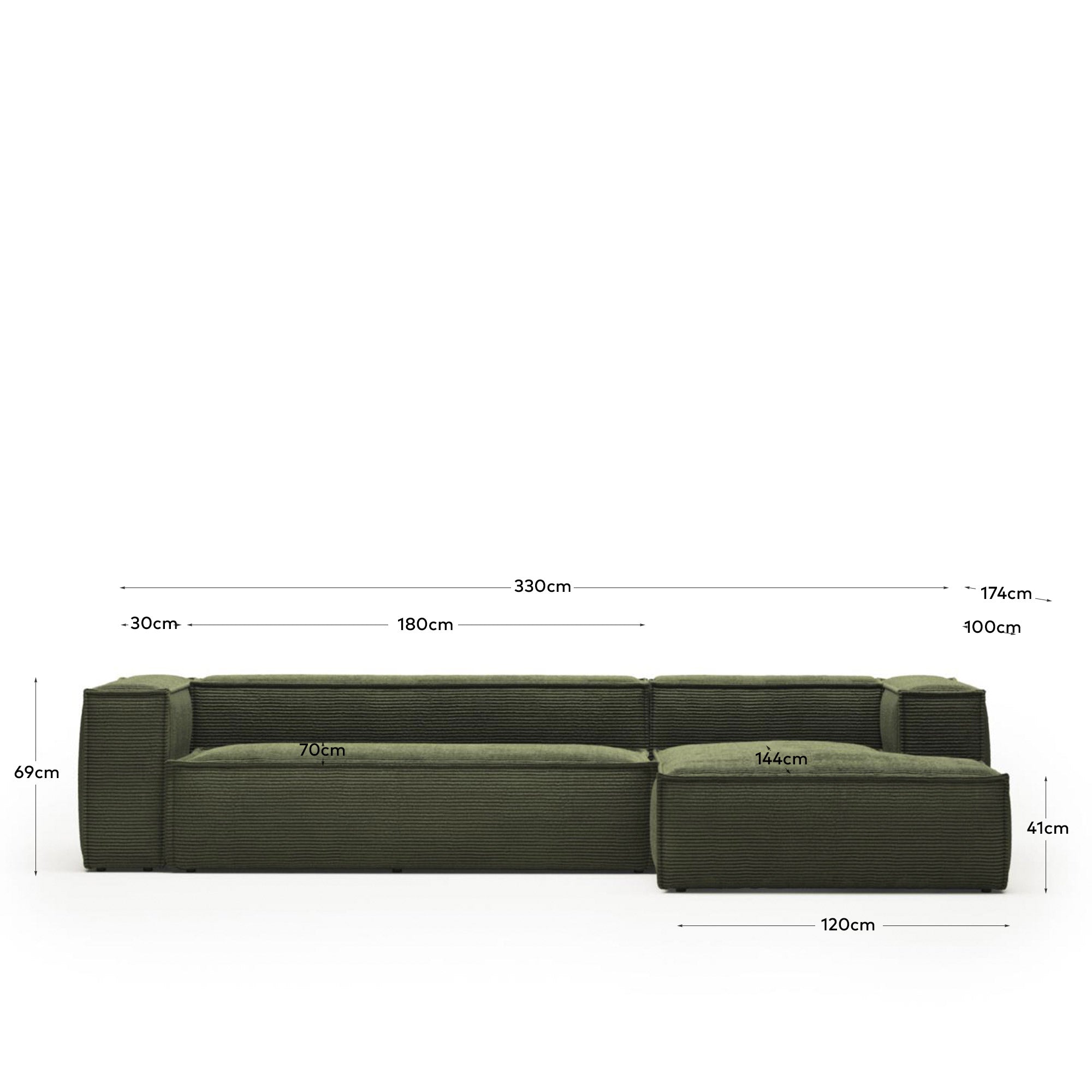 4-Sitzer-Sofa Blok mit Chaiselongue rechts, schwer entflammbar mit dickem, grünen Cord, 330 cm, FSC Mix Credit in Grün präsentiert im Onlineshop von KAQTU Design AG. 4er Sofa ist von Kave Home