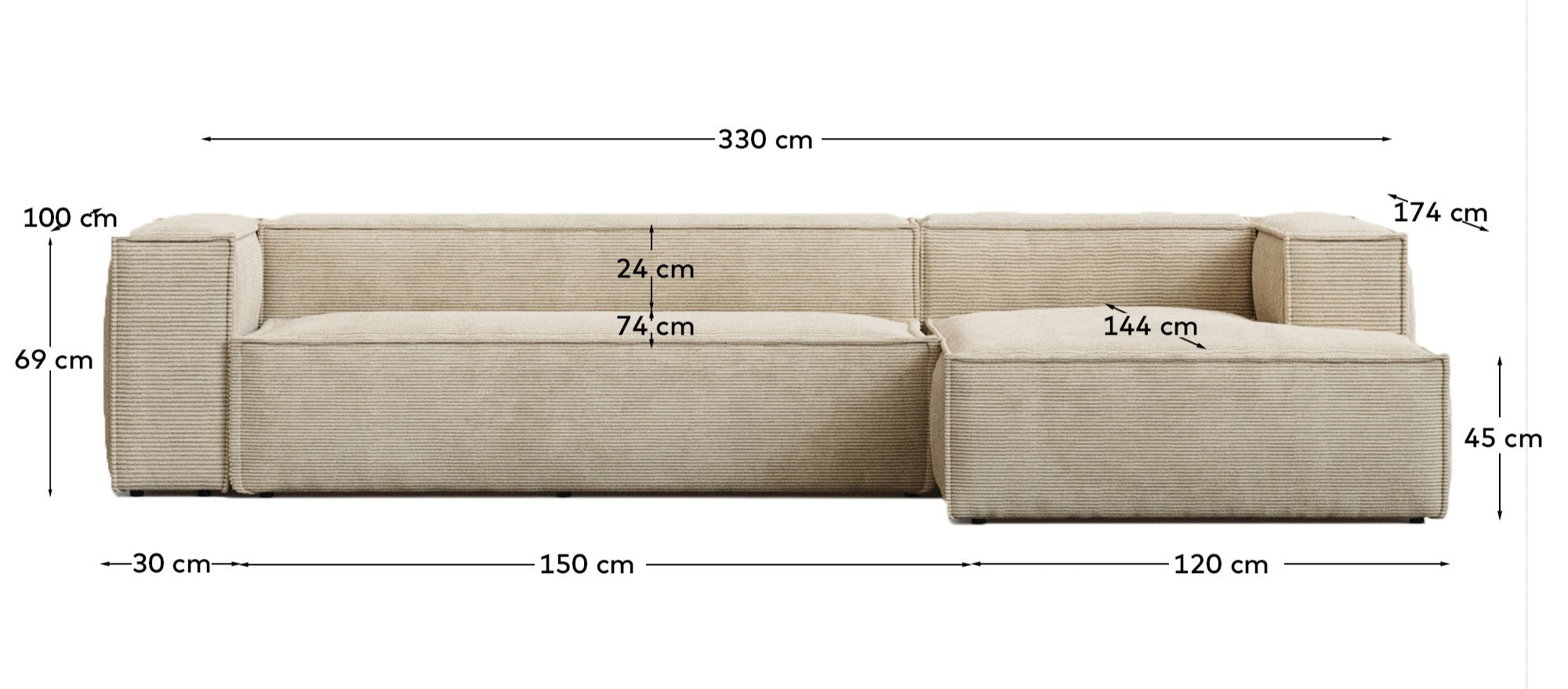 4-Sitzer-Sofa Blok schwer entflammbar mit Chaiselongue rechts und dickem Cord in Ecru 330 cm FSC Mix Credit in Ecru präsentiert im Onlineshop von KAQTU Design AG. L-Sofa rechts ist von Kave Home