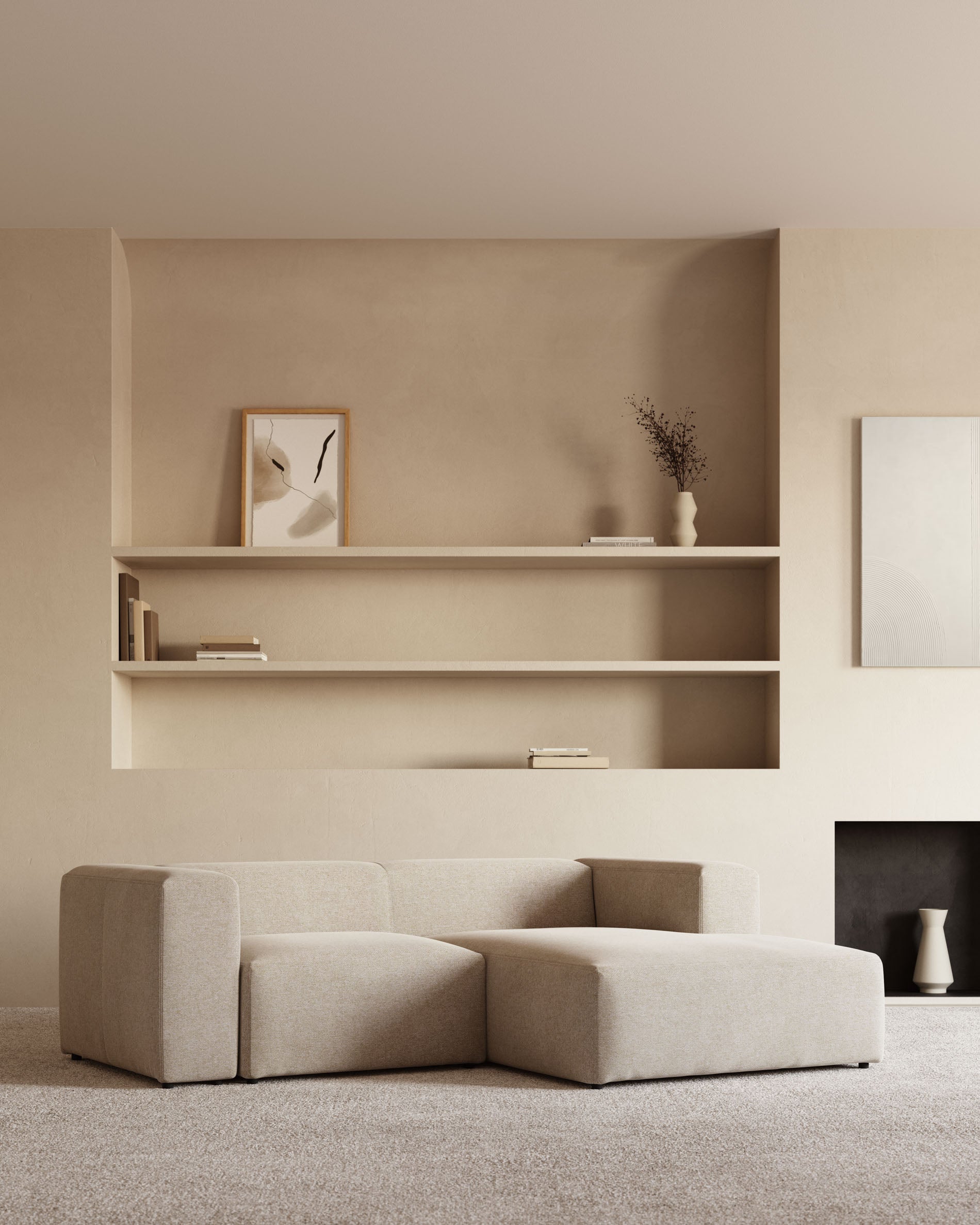 2-Sitzer-Sofa Blok mit Chaiselongue rechts, schwer entflammbar mit beiger Chenille, 240 cm in Beige präsentiert im Onlineshop von KAQTU Design AG. 2er Sofa ist von Kave Home