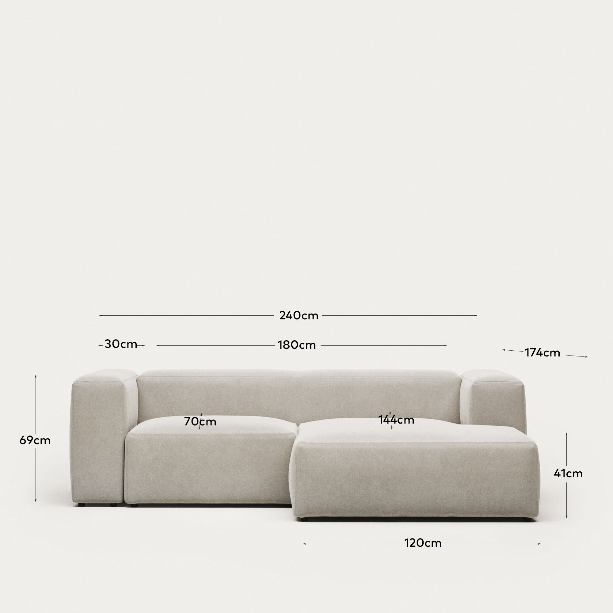 2-Sitzer-Sofa Blok mit Chaiselongue rechts, schwer entflammbar mit weisser Chenille, 240 cm in Grau präsentiert im Onlineshop von KAQTU Design AG. 2er Sofa ist von Kave Home
