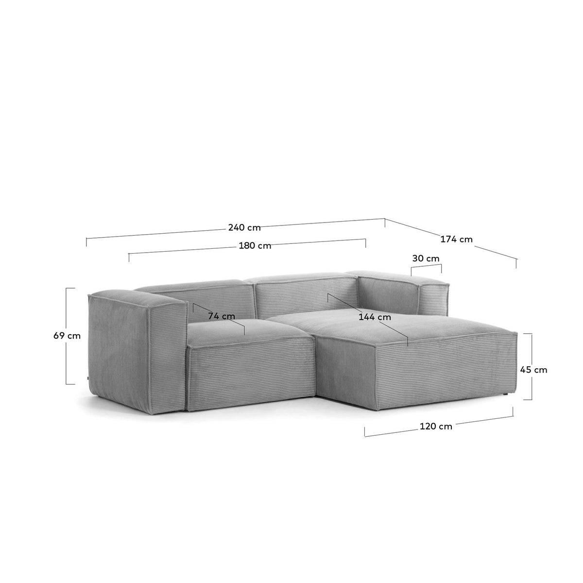 2-Sitzer-Sofa Blok mit dickem, grauen Cord und Chaiselongue rechts 240 cm FSC Mix Credit in Grau präsentiert im Onlineshop von KAQTU Design AG. L-Sofa rechts ist von Kave Home