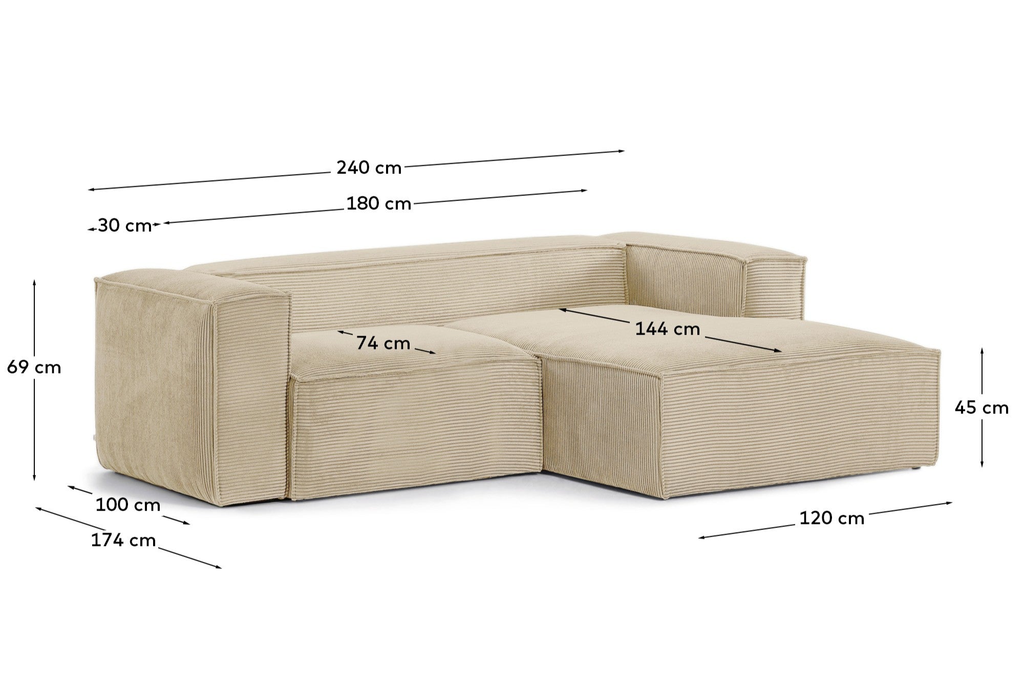 2-Sitzer-Sofa Blok mit dickem Cord in Naturfarbe und Chaiselongue rechts 240 cm FSC Mix Credit in Ecru präsentiert im Onlineshop von KAQTU Design AG. 2er Sofa ist von Kave Home