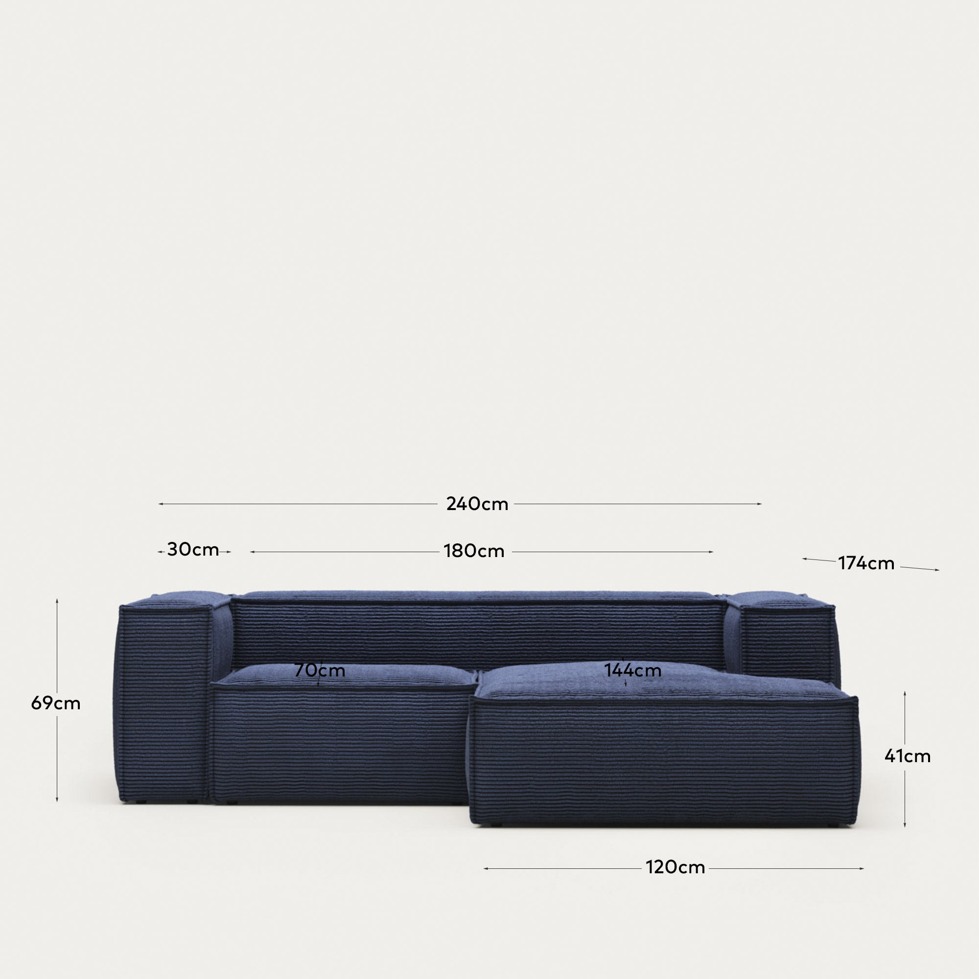 Blok 2-Sitzer-Sofa mit Chaiselongue rechts breiter Cord dunkelblau 240 cm FR in Blau präsentiert im Onlineshop von KAQTU Design AG. 2er Sofa ist von Kave Home