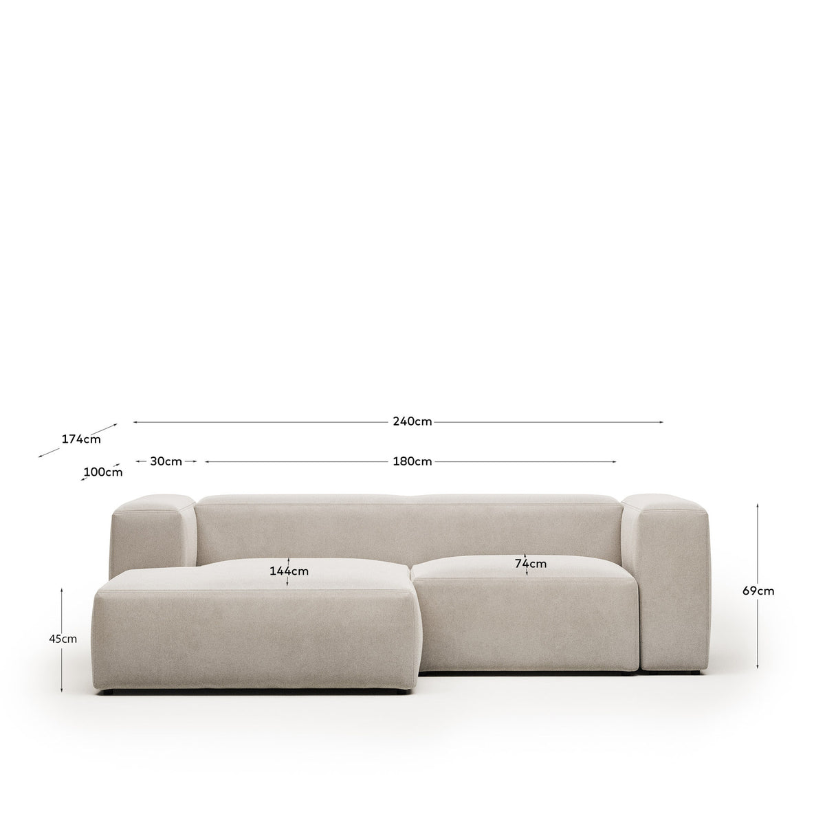 2-Sitzer-Sofa Blok mit beiger Chenille und Chaiselongue links 240 cm FSC Mix Credit in Beige präsentiert im Onlineshop von KAQTU Design AG. L-Sofa links ist von Kave Home